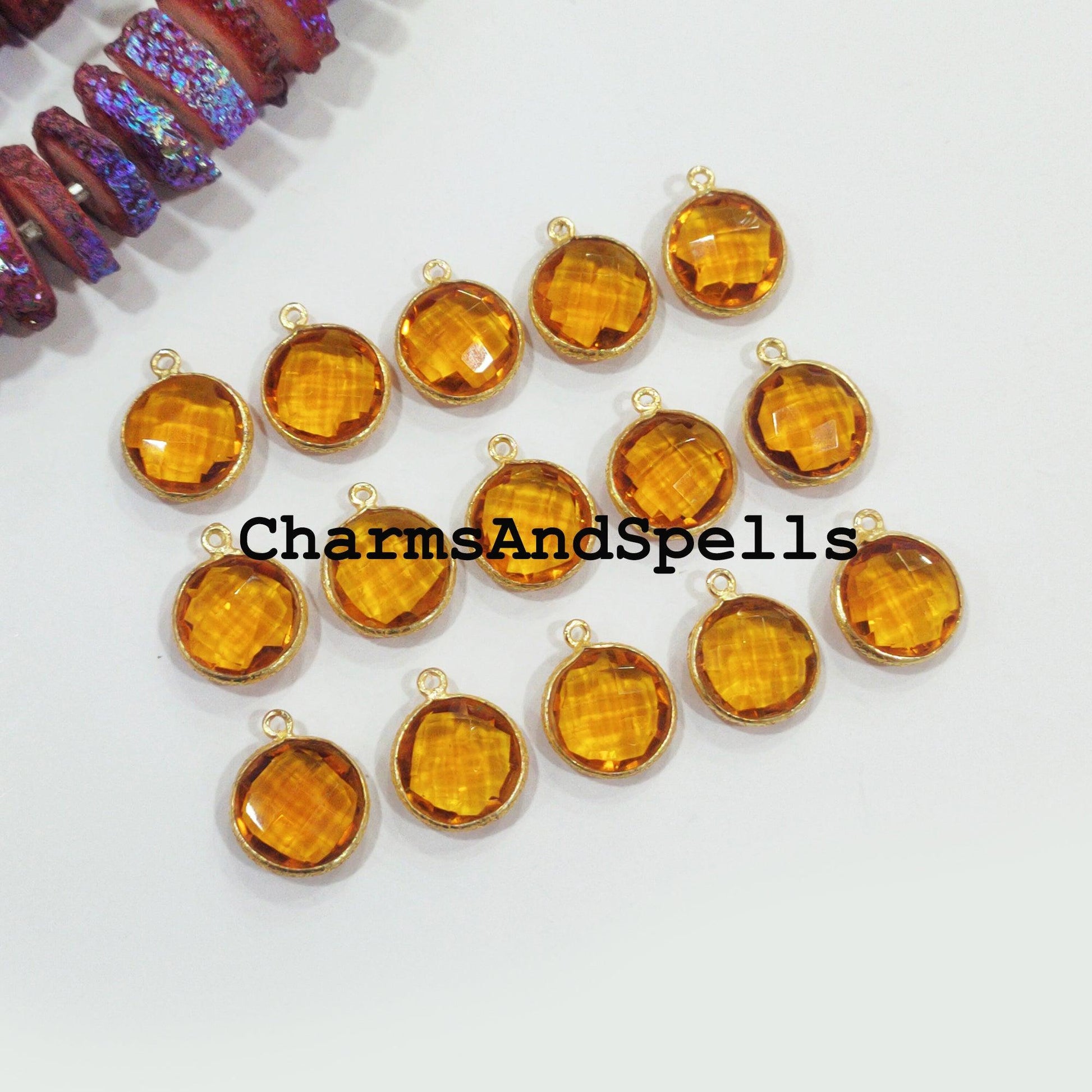 Honey Quartz Charms Connector, 14x22mm Yellow Gemstone Pendant Connector, Gold Plated Connector, Jewelry Making Connector - Charms And Spells