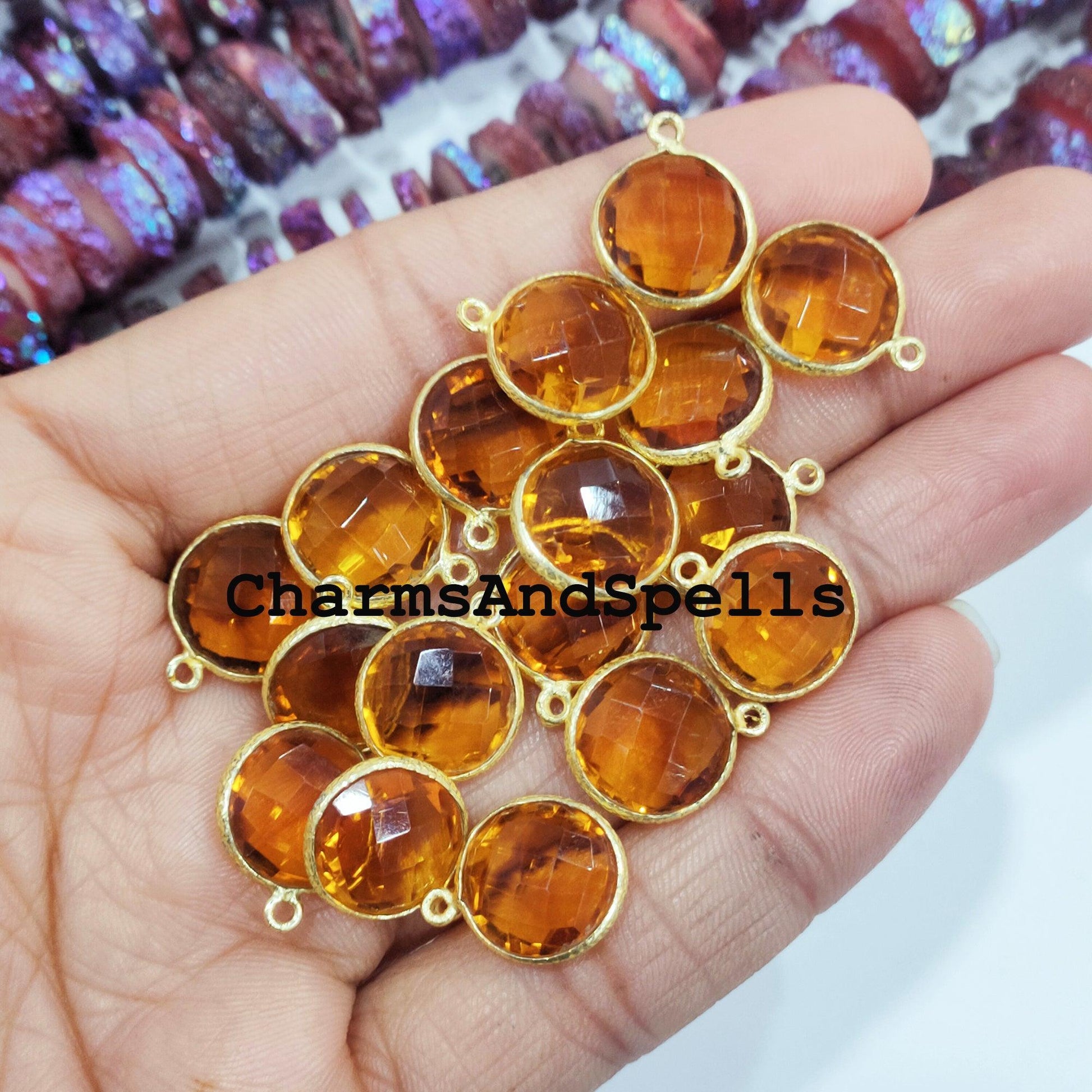 Honey Quartz Charms Connector, 14x22mm Yellow Gemstone Pendant Connector, Gold Plated Connector, Jewelry Making Connector - Charms And Spells