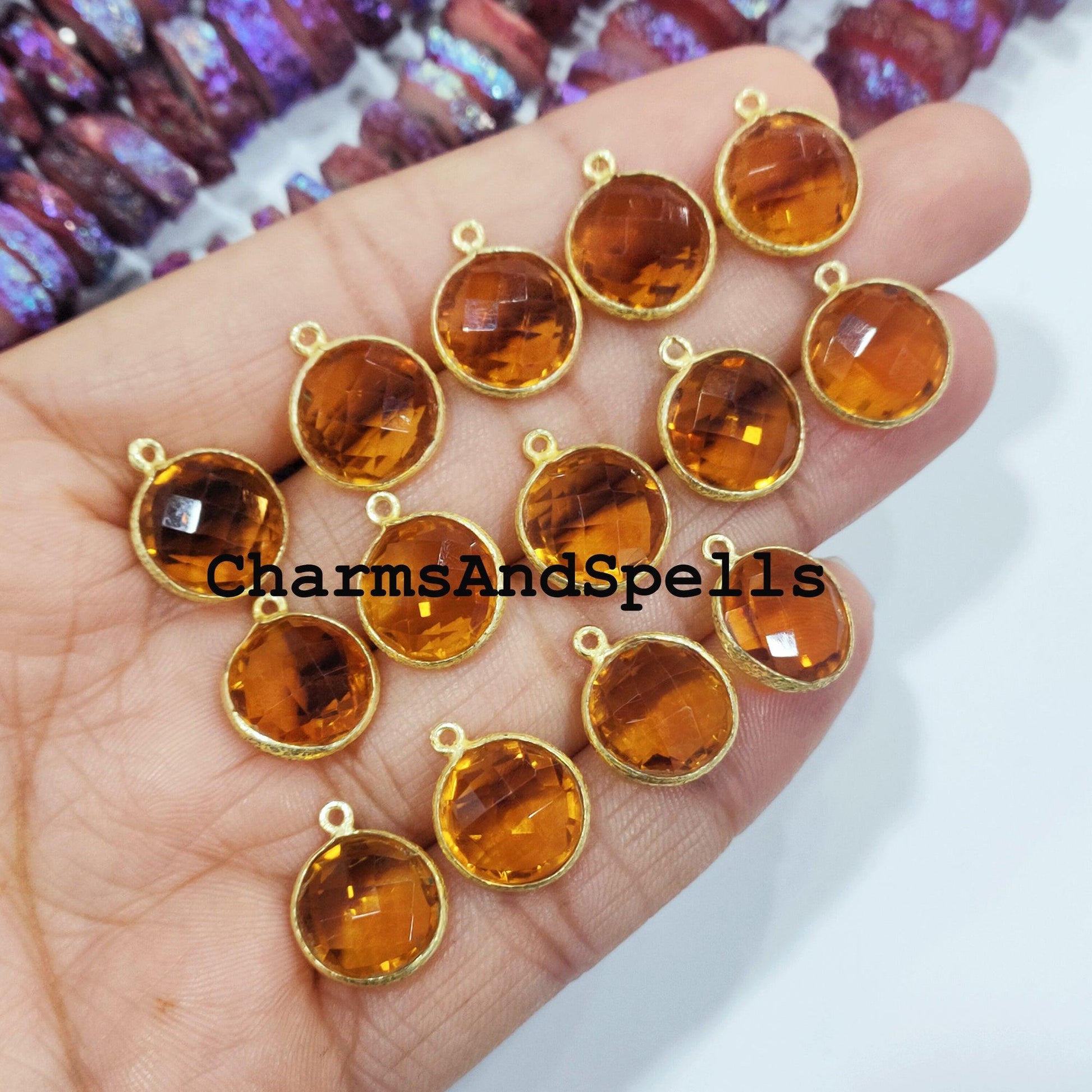 Honey Quartz Charms Connector, 14x22mm Yellow Gemstone Pendant Connector, Gold Plated Connector, Jewelry Making Connector - Charms And Spells