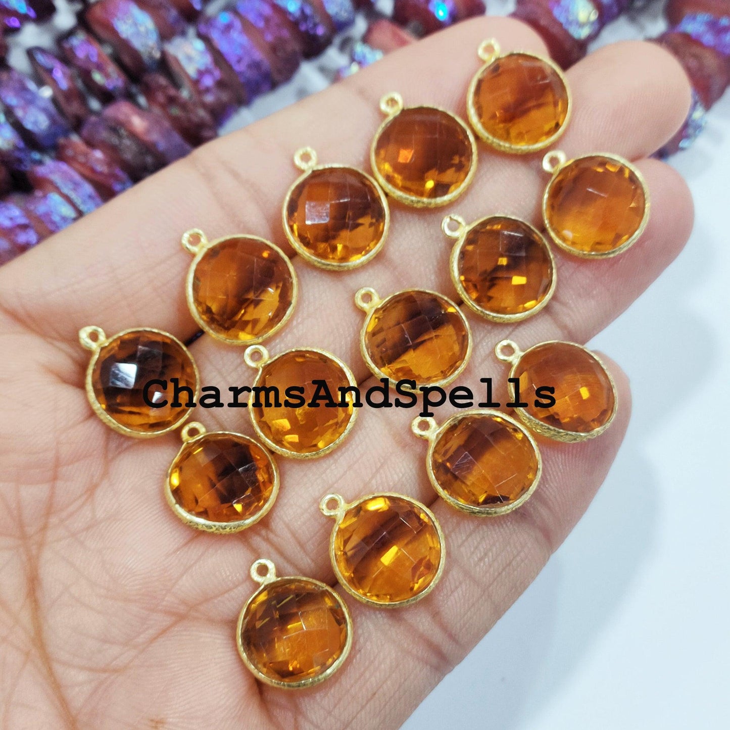 Honey Quartz Charms Connector, 14x22mm Yellow Gemstone Pendant Connector, Gold Plated Connector, Jewelry Making Connector - Charms And Spells