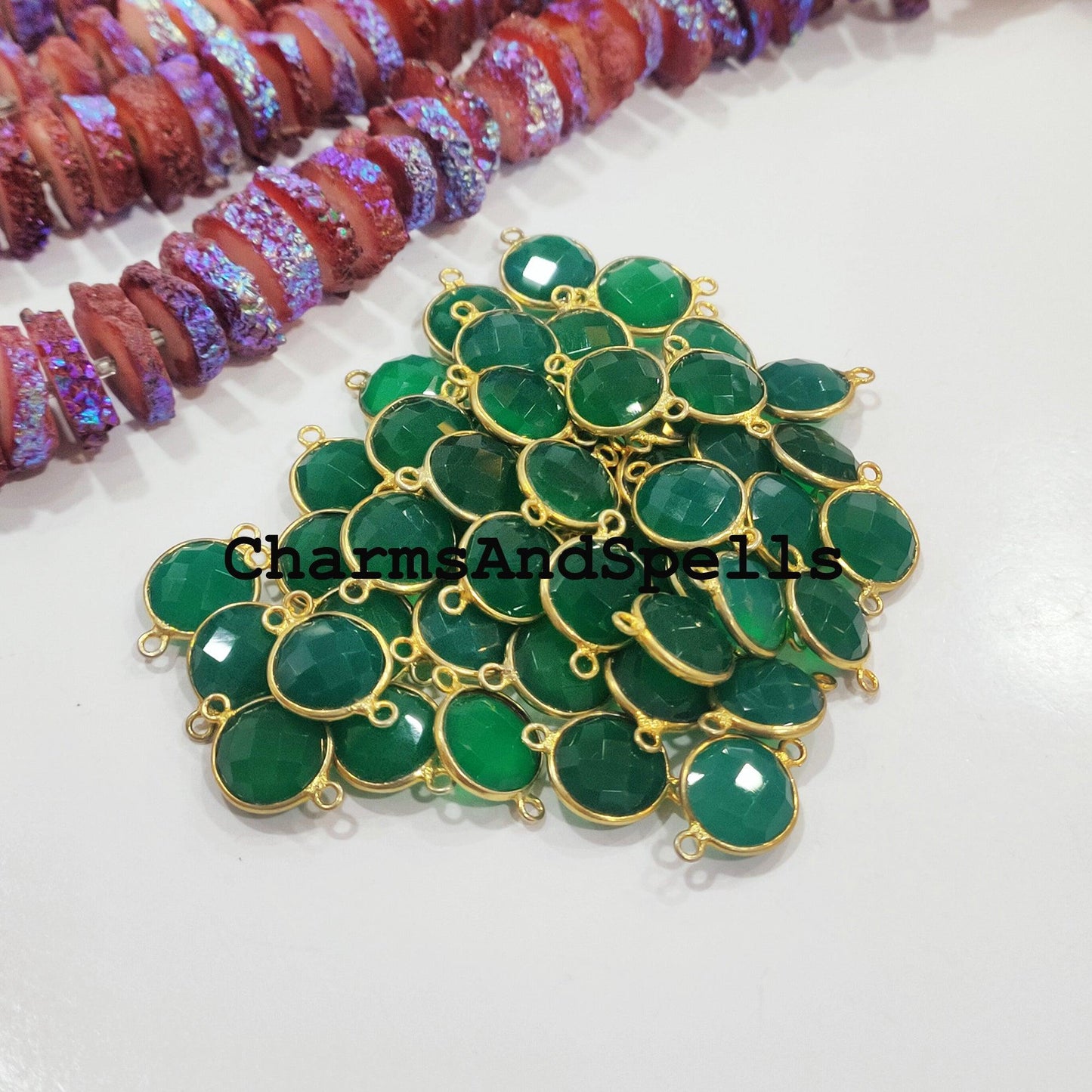 Mega Sale Green Onyx Charms Connector, Round Faceted Bracelet Connector, Necklace Connector, Gold Plated Link Connector - Charms And Spells