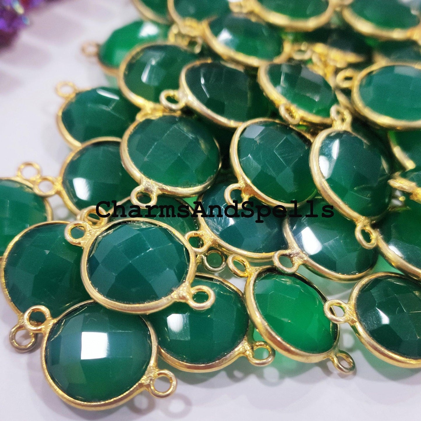 Mega Sale Green Onyx Charms Connector, Round Faceted Bracelet Connector, Necklace Connector, Gold Plated Link Connector - Charms And Spells