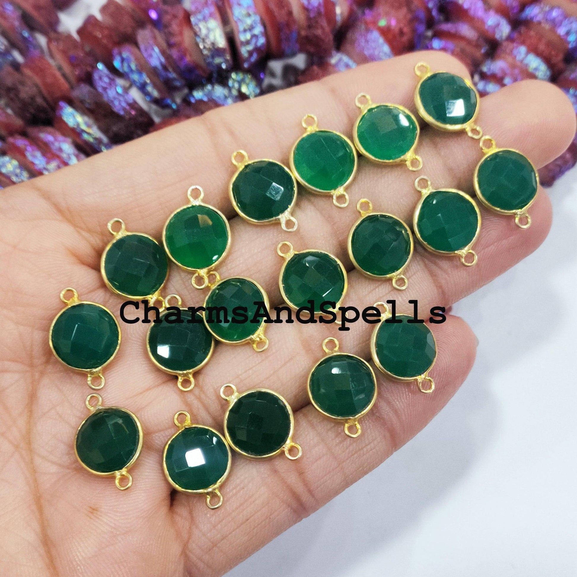 Mega Sale Green Onyx Charms Connector, Round Faceted Bracelet Connector, Necklace Connector, Gold Plated Link Connector - Charms And Spells