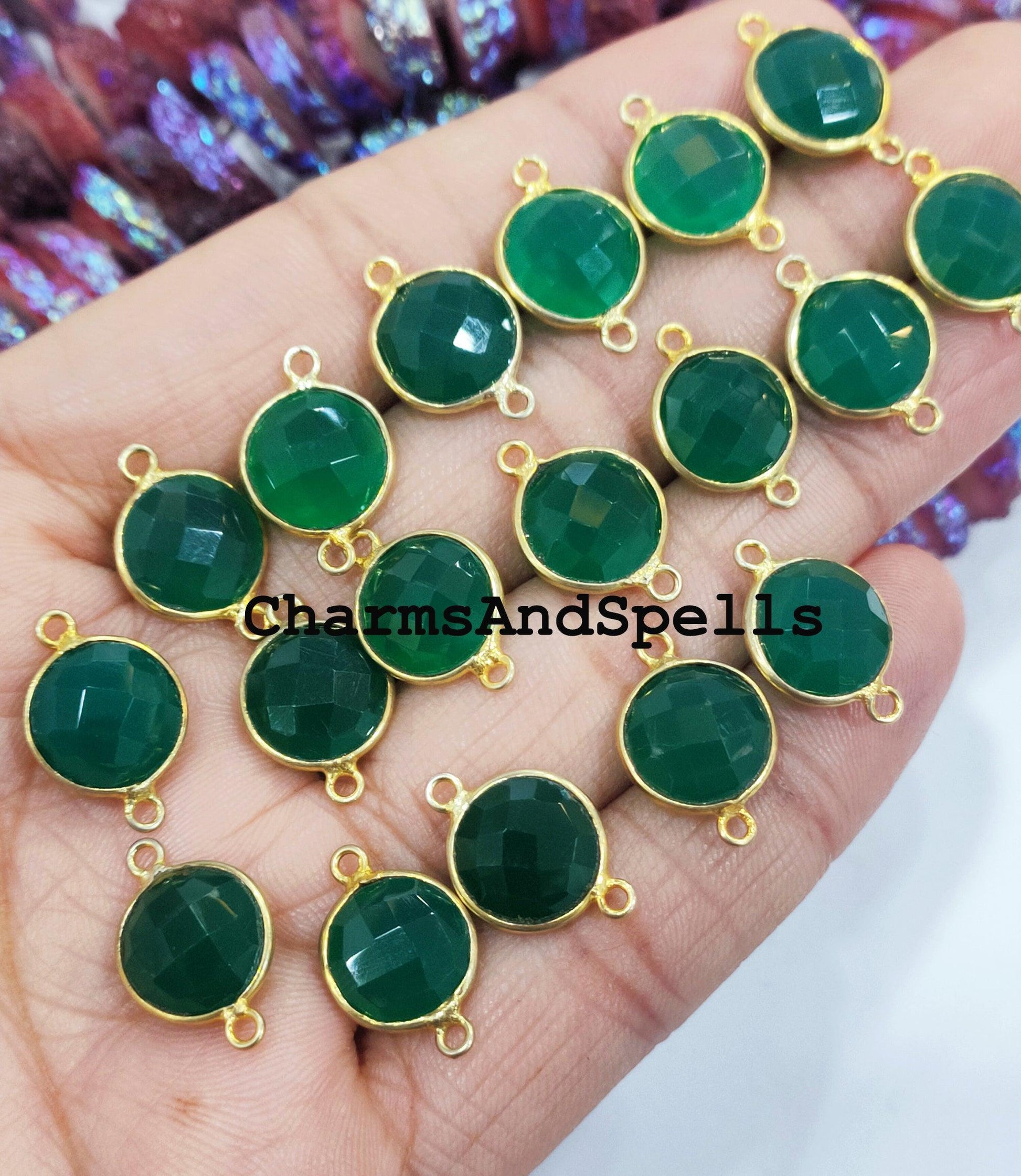Faceted ite Electroplated Charm Connector, Gold Plated Green