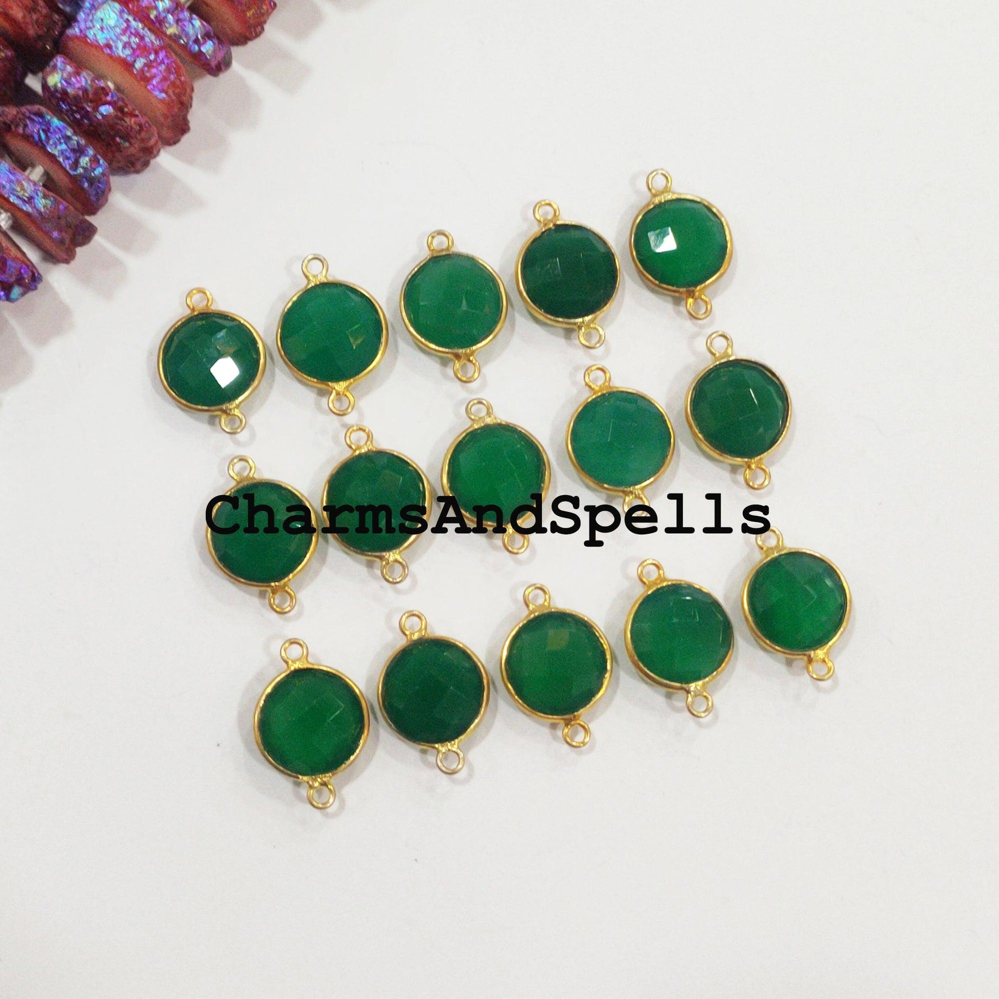 Mega Sale Green Onyx Charms Connector, Round Faceted Bracelet Connector, Necklace Connector, Gold Plated Link Connector - Charms And Spells