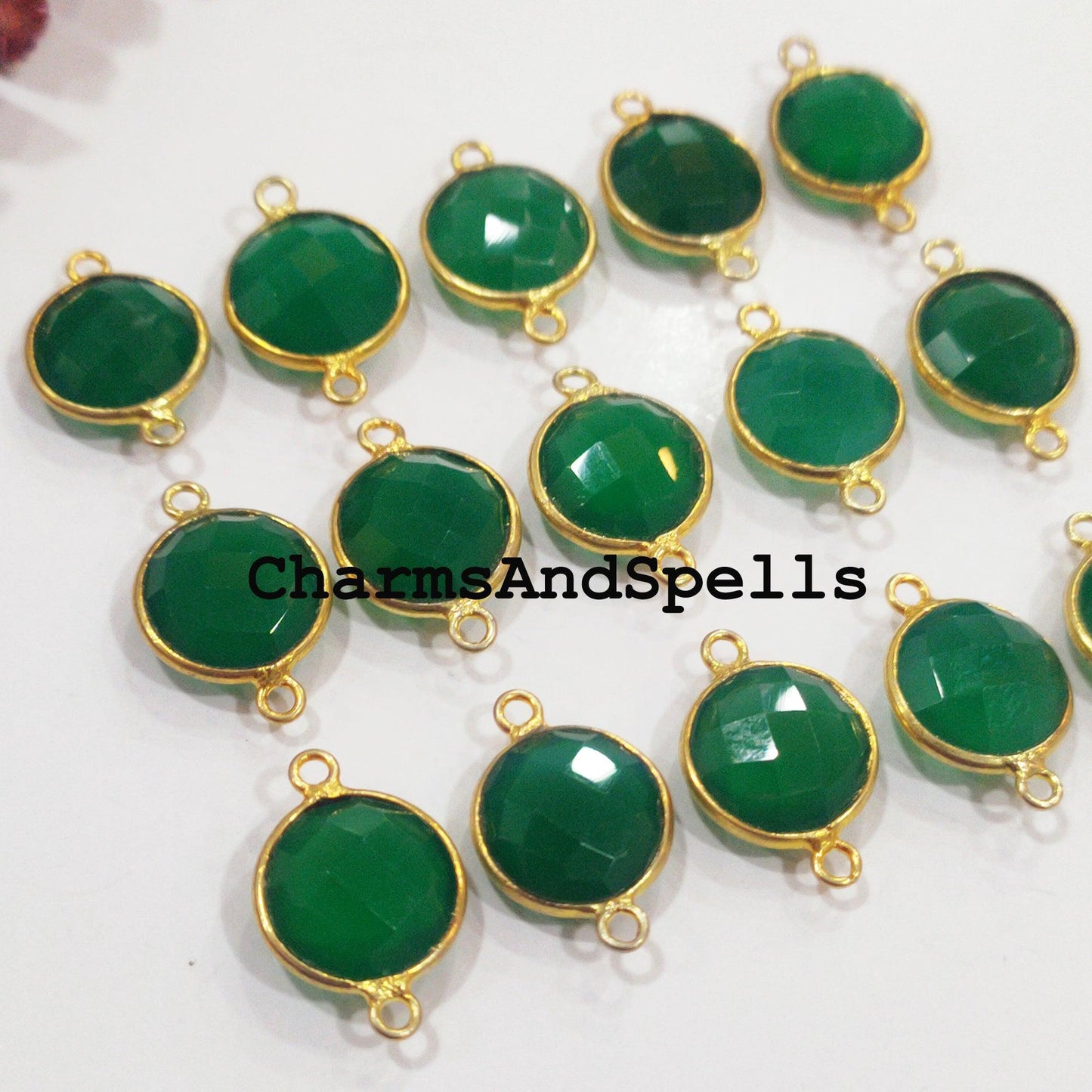 Mega Sale Green Onyx Charms Connector, Round Faceted Bracelet Connector, Necklace Connector, Gold Plated Link Connector - Charms And Spells