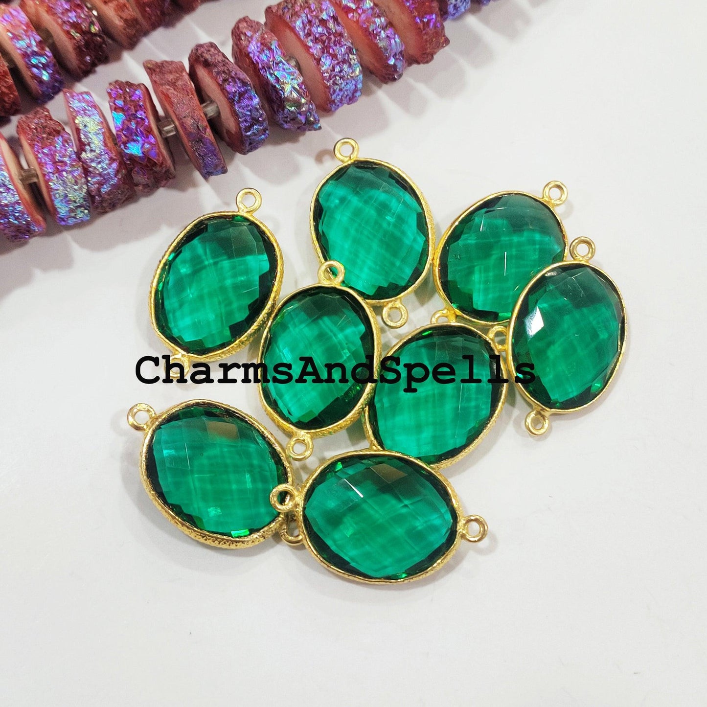 Green Apatite Quartz Bracelet Connector, 16x27mm Gold Plated Charm Connector, Double Bail Apatite Gemstone Connector - Charms And Spells