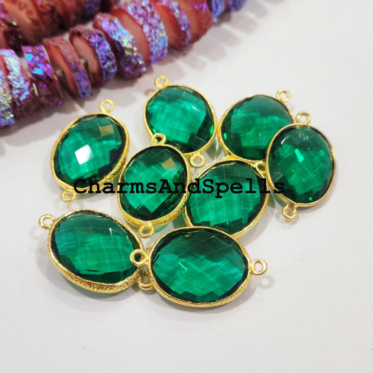 Green Apatite Quartz Bracelet Connector, 16x27mm Gold Plated Charm Connector, Double Bail Apatite Gemstone Connector - Charms And Spells