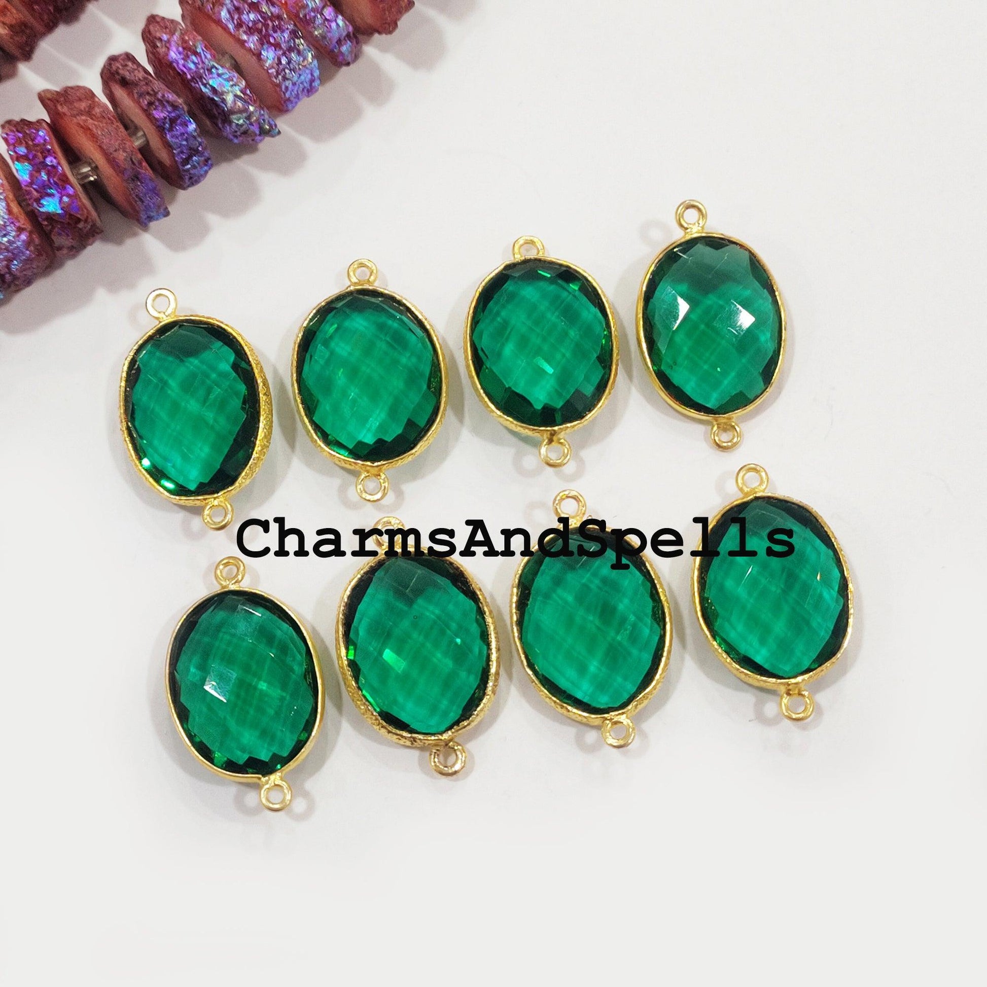 Green Apatite Quartz Bracelet Connector, 16x27mm Gold Plated Charm Connector, Double Bail Apatite Gemstone Connector - Charms And Spells