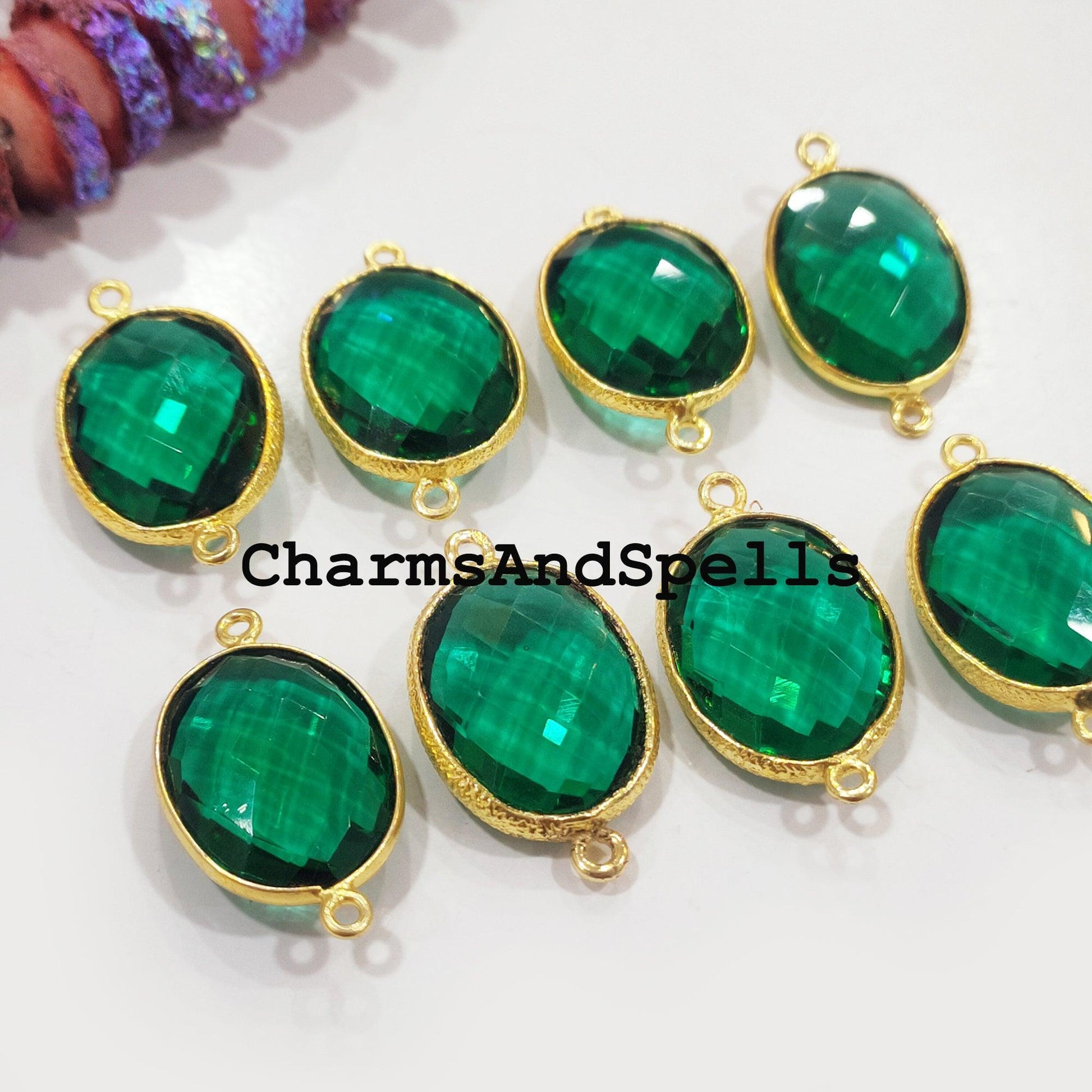 Green Apatite Quartz Bracelet Connector, 16x27mm Gold Plated Charm Connector, Double Bail Apatite Gemstone Connector - Charms And Spells