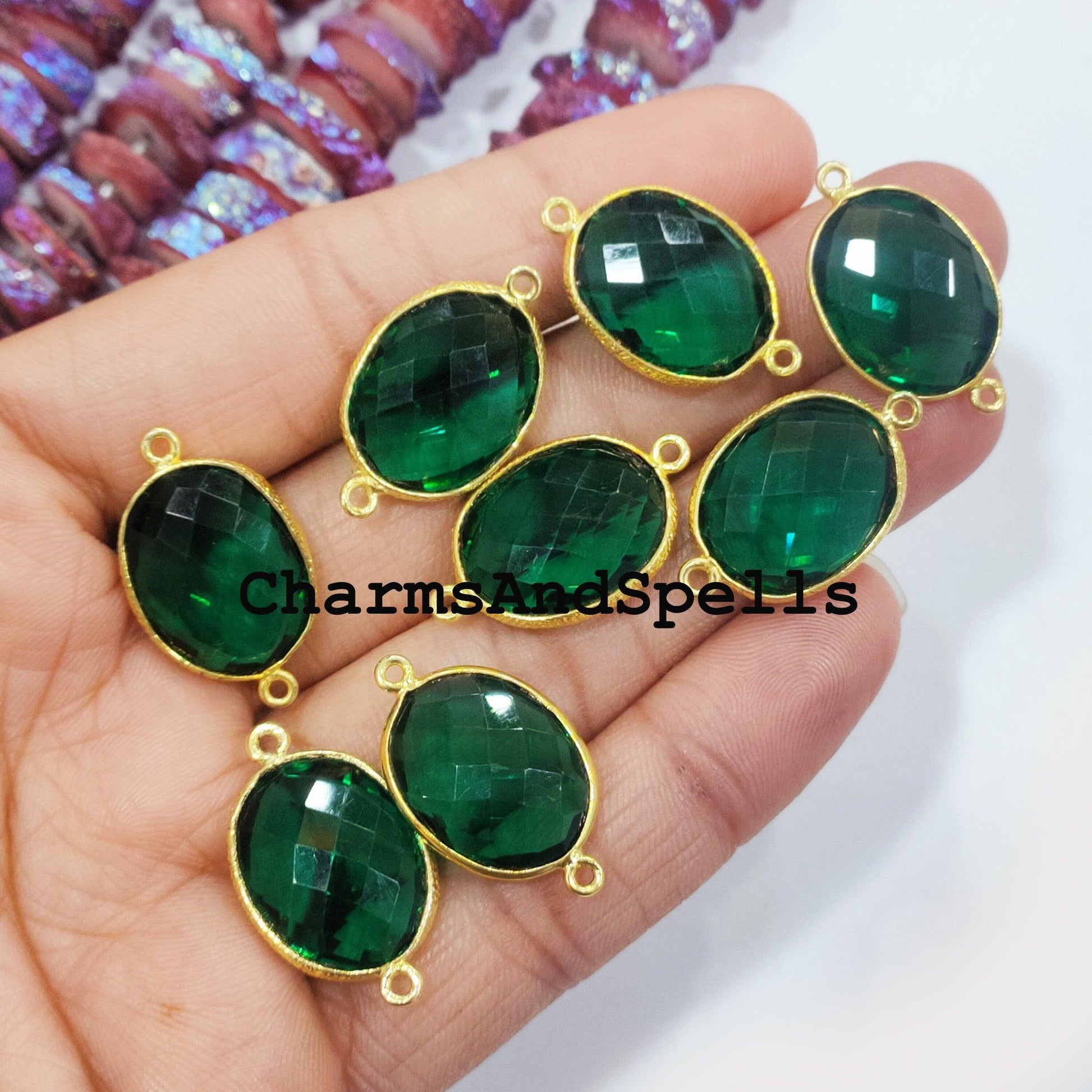 Green Apatite Quartz Bracelet Connector, 16x27mm Gold Plated Charm Connector, Double Bail Apatite Gemstone Connector - Charms And Spells