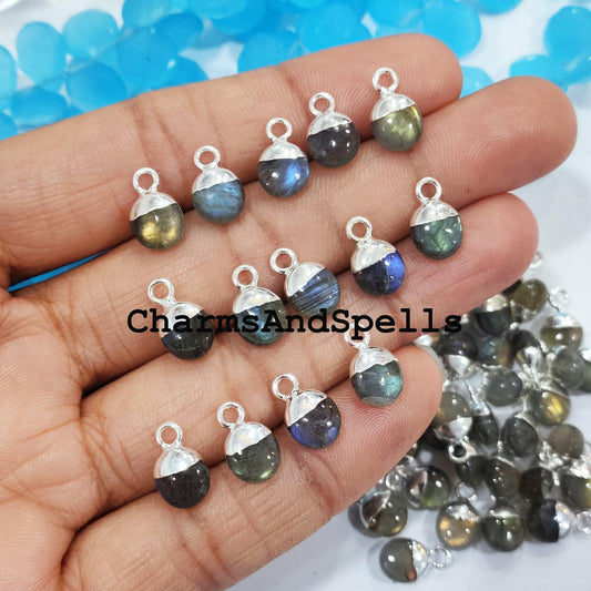 Blue Flashy Labradorite Charm Pendant, Tiny Silver Electroplated Cap Charms, Natural Labradorite, Minimalist Charm - Charms And Spells