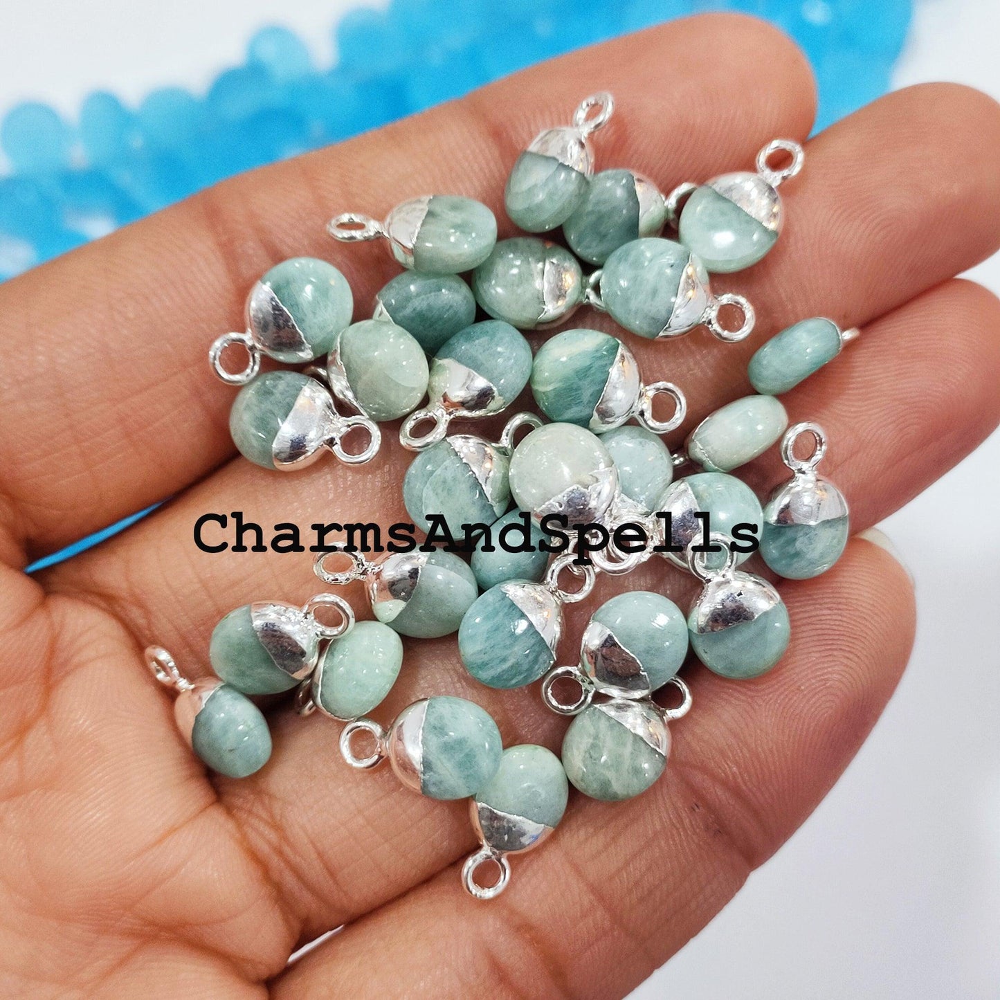 100% Natural Amazonite Charm, Electroplated Silver Pendant Charm, Natural Gemstone Connector, 8X12mm DIY Jewelry Making Findings - Charms And Spells