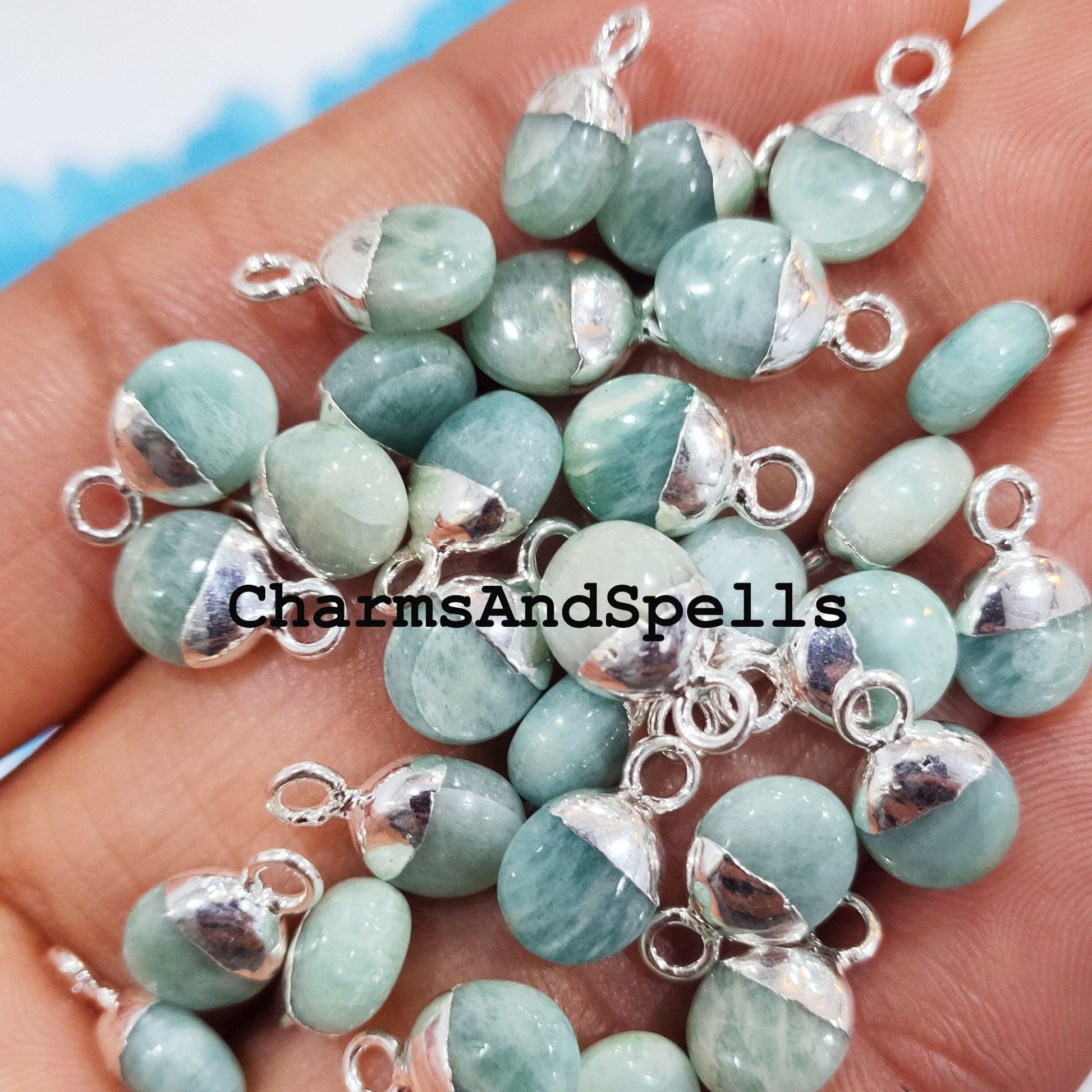 100% Natural Amazonite Charm, Electroplated Silver Pendant Charm, Natural Gemstone Connector, 8X12mm DIY Jewelry Making Findings - Charms And Spells