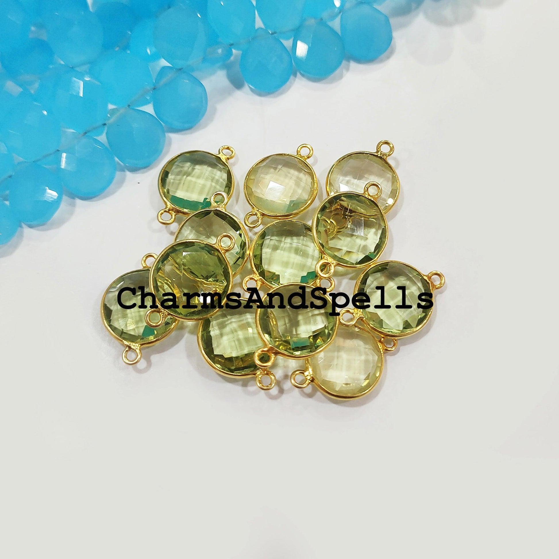 Green Amethyst Bracelet Charms Connector, 14x20mm Faceted Amethyst Double Bail Finding Connector, 14K Gold Plated Connector - Charms And Spells