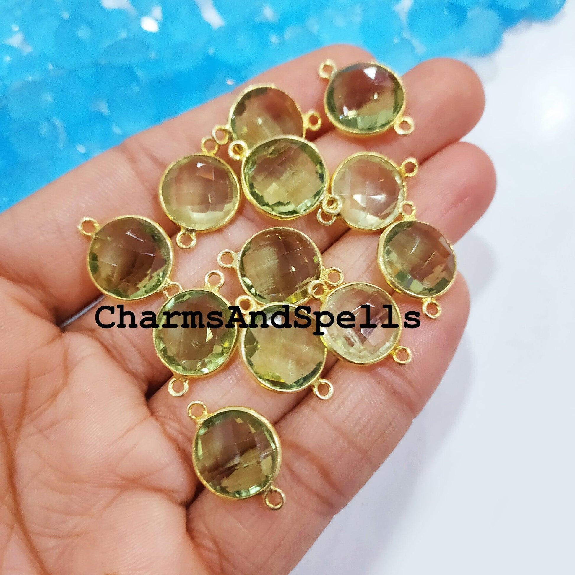 Green Amethyst Bracelet Charms Connector, 14x20mm Faceted Amethyst Double Bail Finding Connector, 14K Gold Plated Connector - Charms And Spells