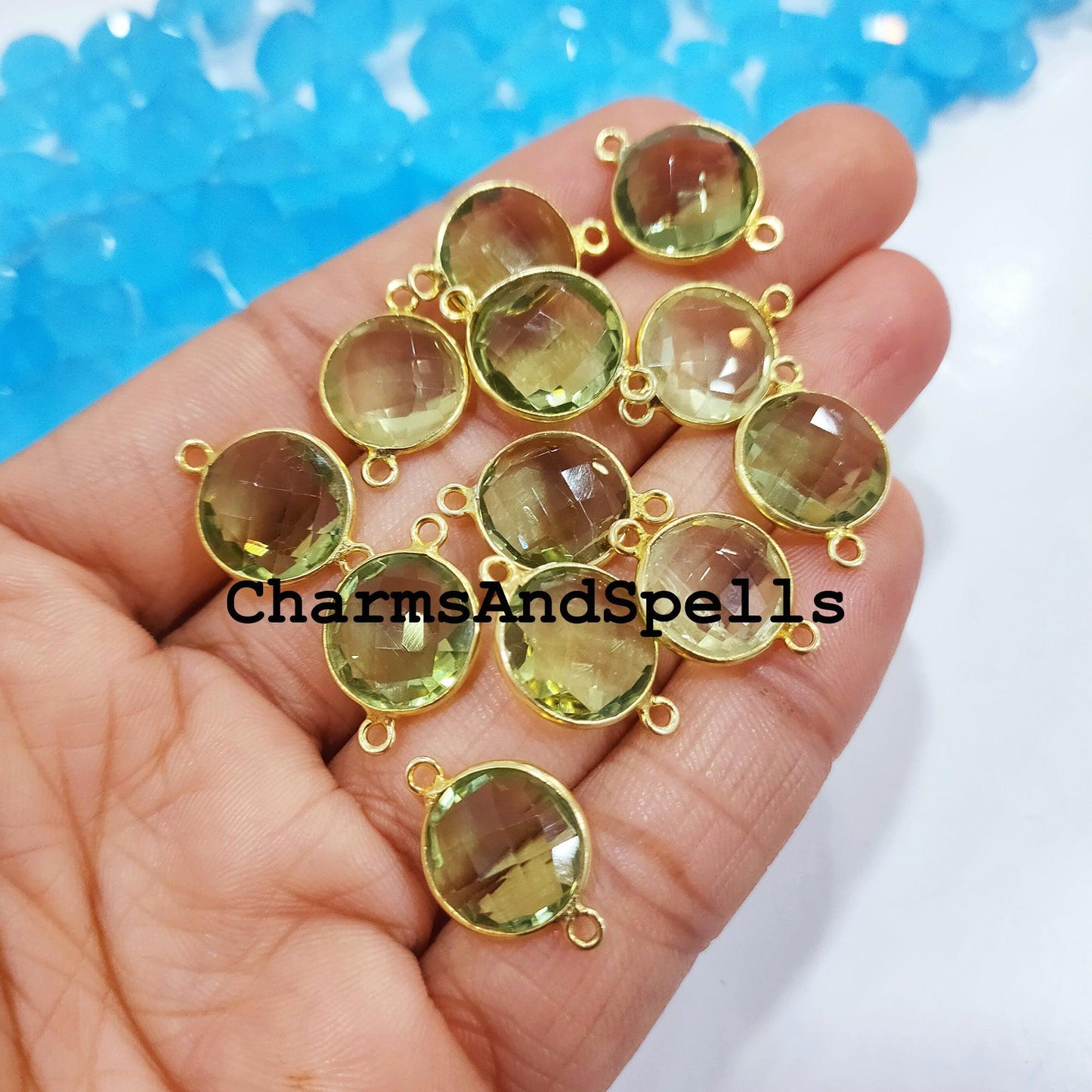 Green Amethyst Bracelet Charms Connector, 14x20mm Faceted Amethyst Double Bail Finding Connector, 14K Gold Plated Connector - Charms And Spells