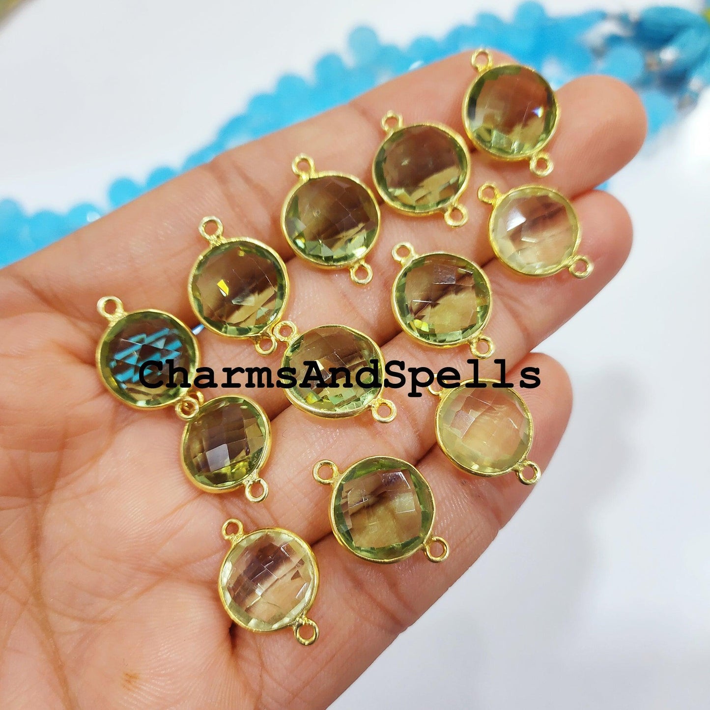 Green Amethyst Bracelet Charms Connector, 14x20mm Faceted Amethyst Double Bail Finding Connector, 14K Gold Plated Connector - Charms And Spells