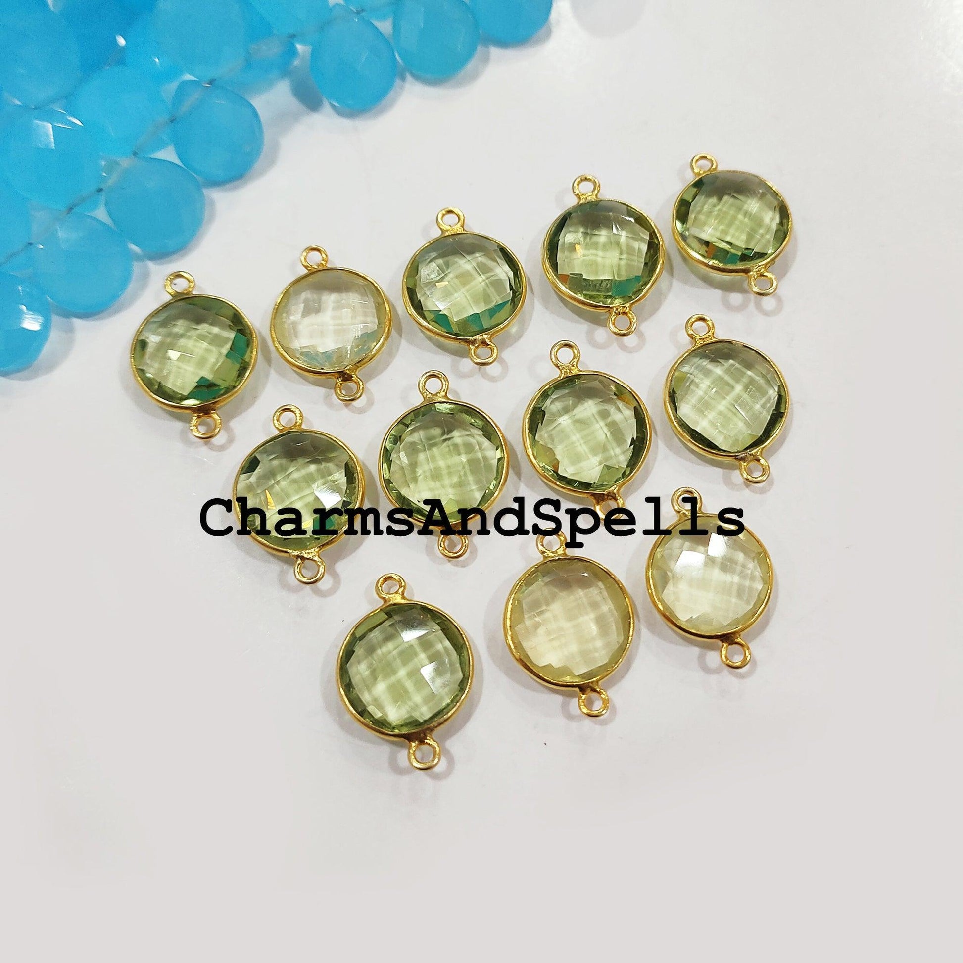 Green Amethyst Bracelet Charms Connector, 14x20mm Faceted Amethyst Double Bail Finding Connector, 14K Gold Plated Connector - Charms And Spells