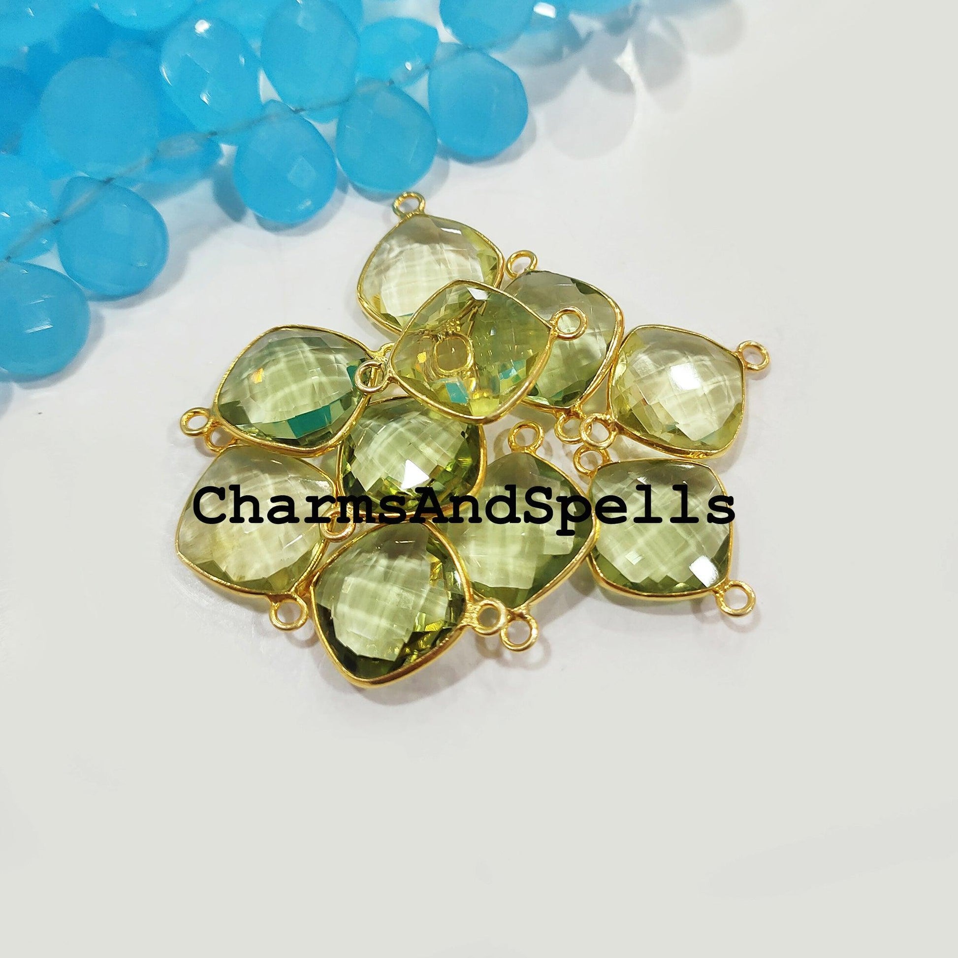 Green Amethyst Bracelet Charm, Gemstone Pendant, Bracelet Connector, Gold Plated Double Bail Connector 10x22mm - Charms And Spells