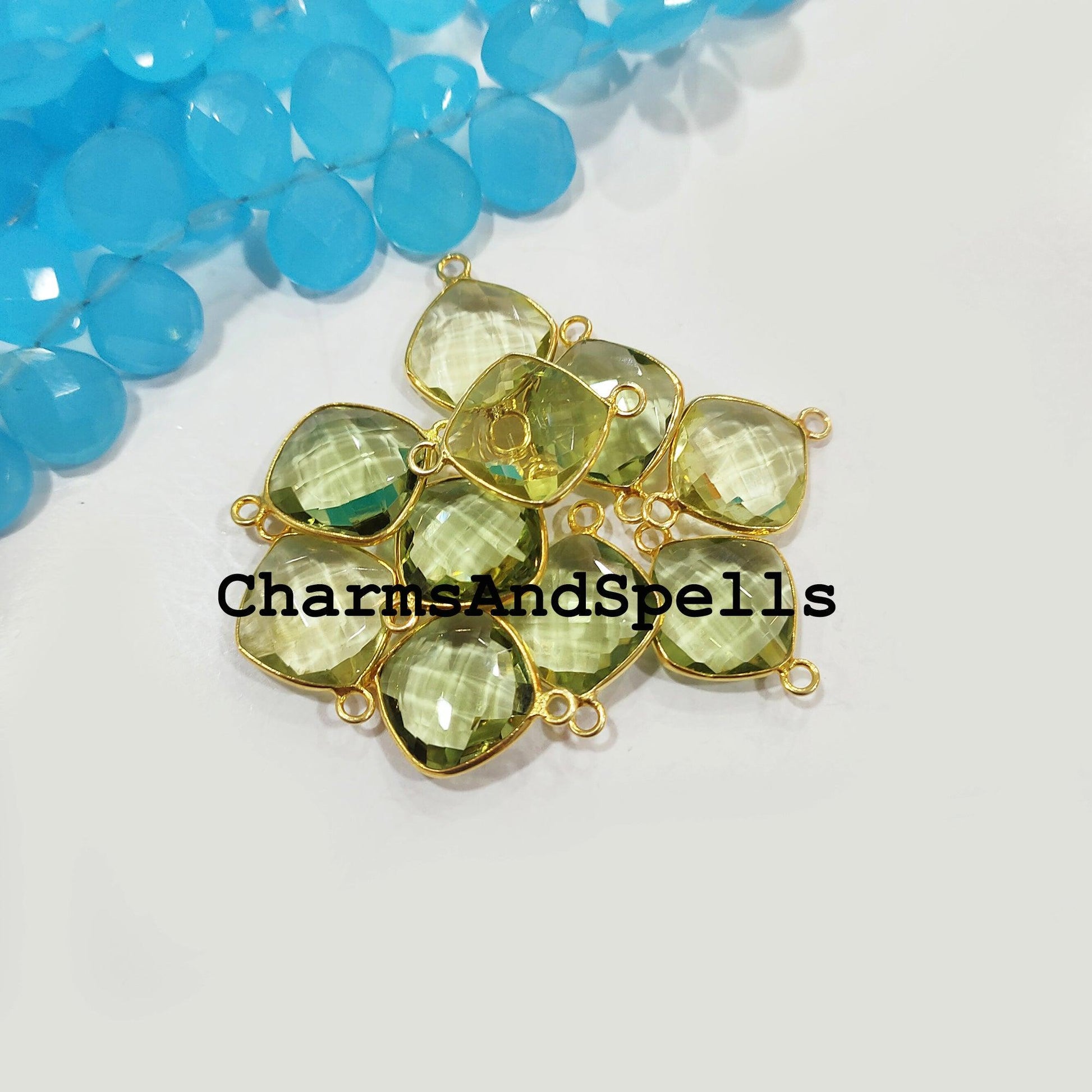 Green Amethyst Bracelet Charm, Gemstone Pendant, Bracelet Connector, Gold Plated Double Bail Connector 10x22mm - Charms And Spells
