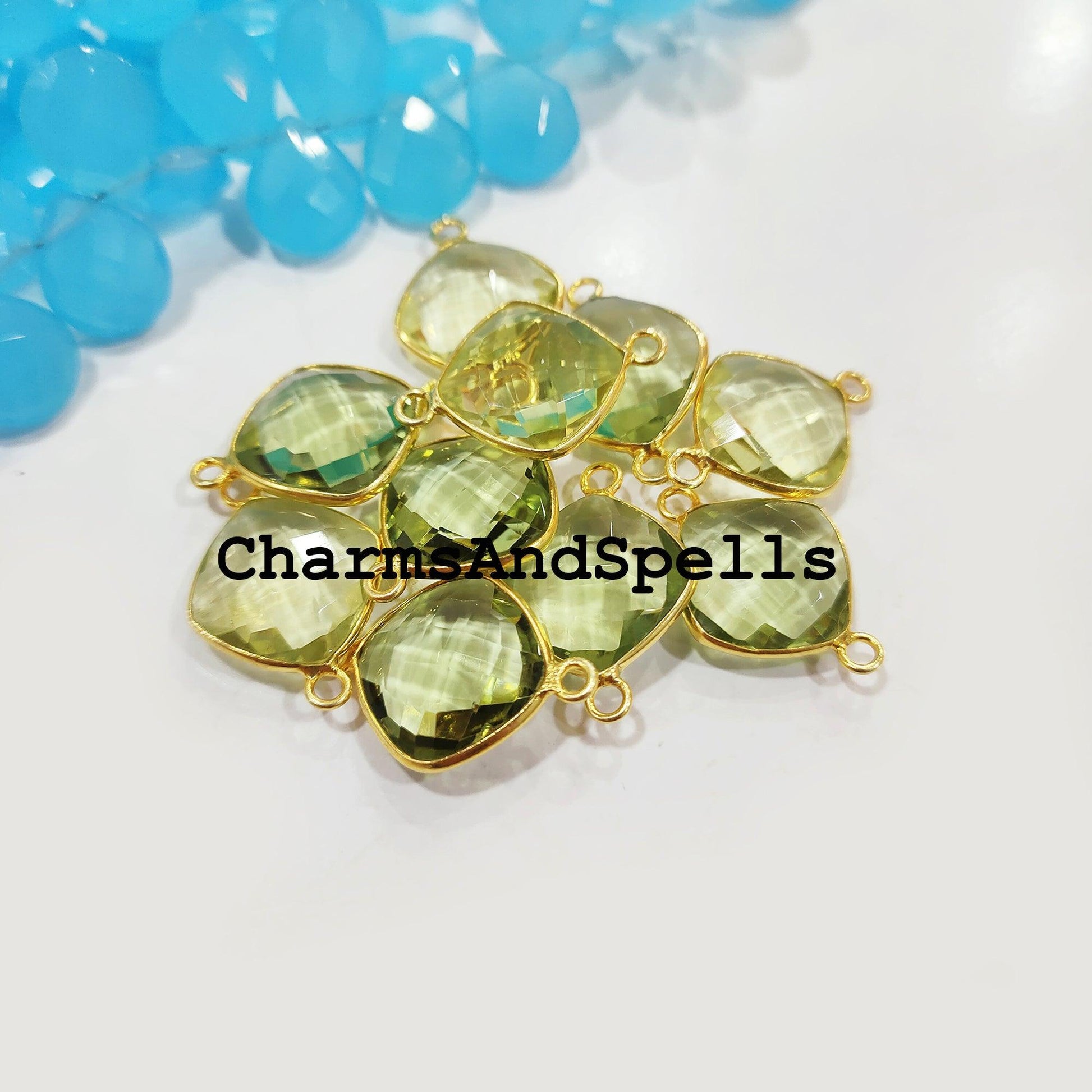 Green Amethyst Bracelet Charm, Gemstone Pendant, Bracelet Connector, Gold Plated Double Bail Connector 10x22mm - Charms And Spells