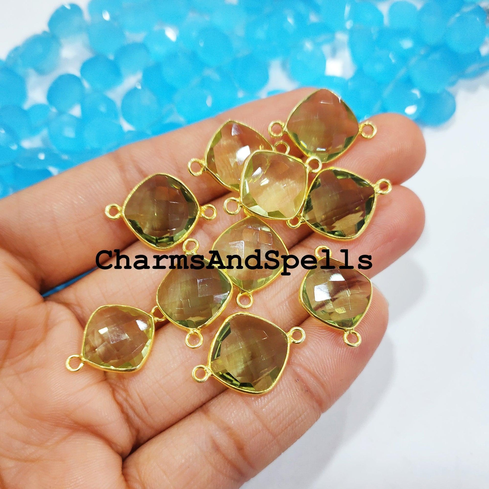 Green Amethyst Bracelet Charm, Gemstone Pendant, Bracelet Connector, Gold Plated Double Bail Connector 10x22mm - Charms And Spells