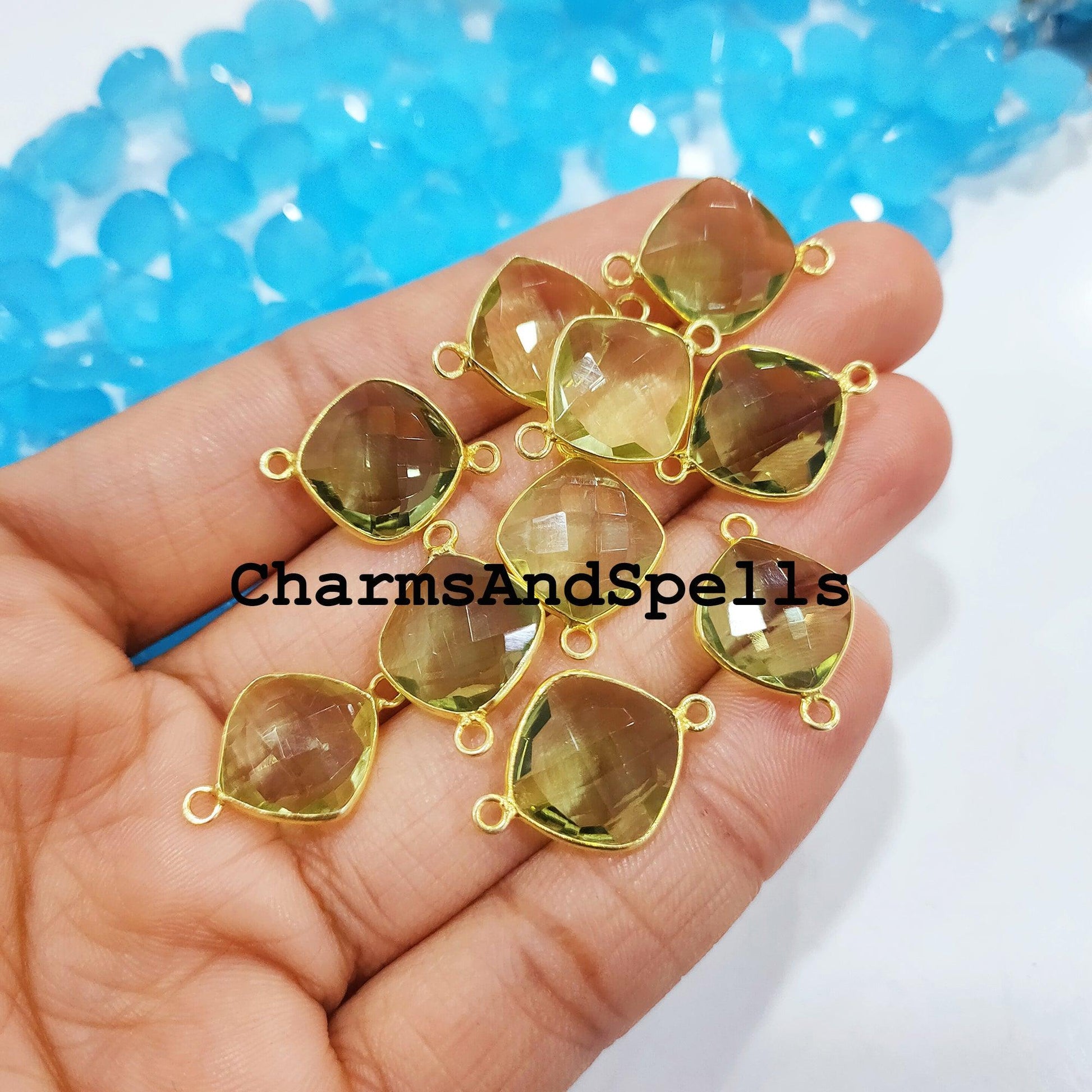 Green Amethyst Bracelet Charm, Gemstone Pendant, Bracelet Connector, Gold Plated Double Bail Connector 10x22mm - Charms And Spells