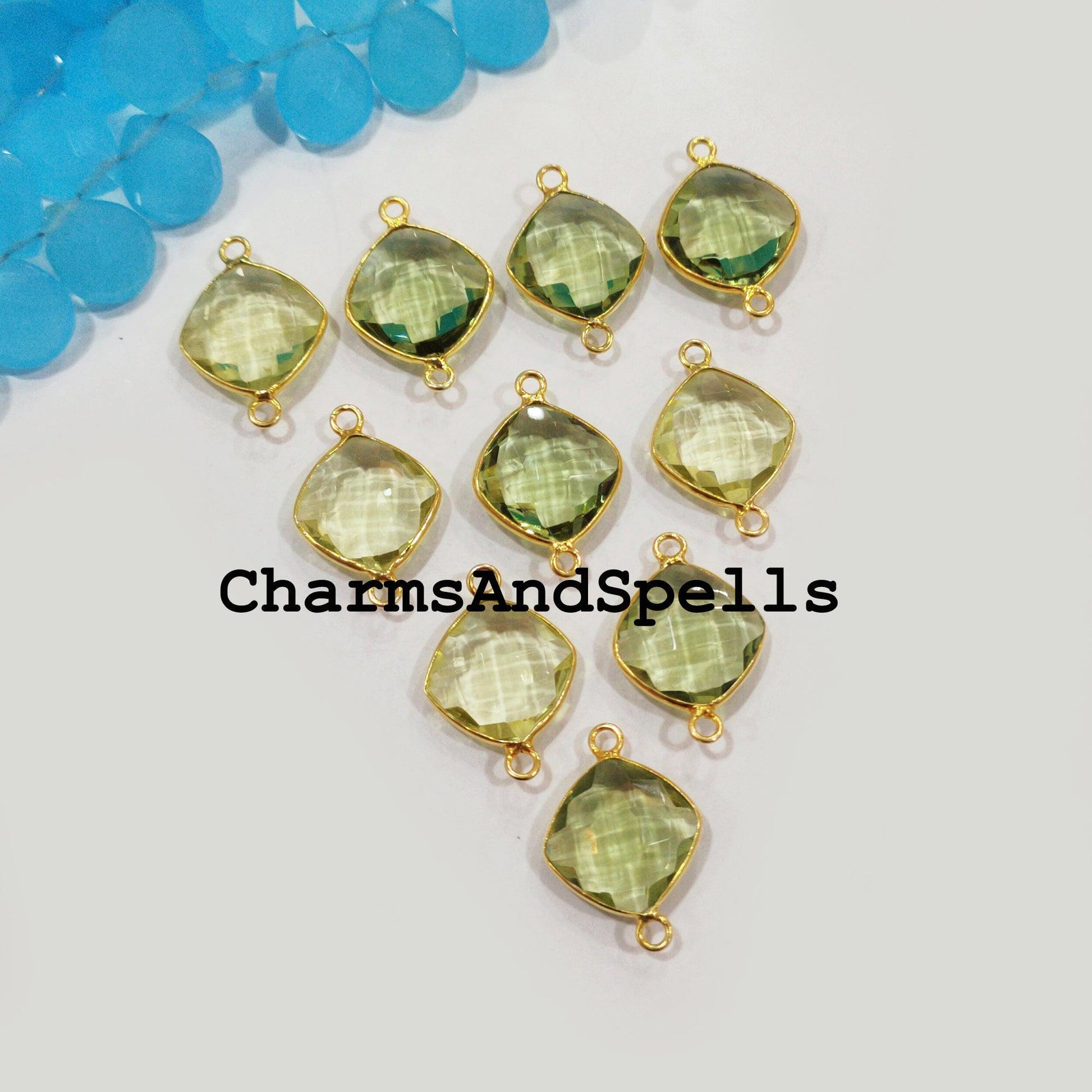 Green Amethyst Bracelet Charm, Gemstone Pendant, Bracelet Connector, Gold Plated Double Bail Connector 10x22mm - Charms And Spells