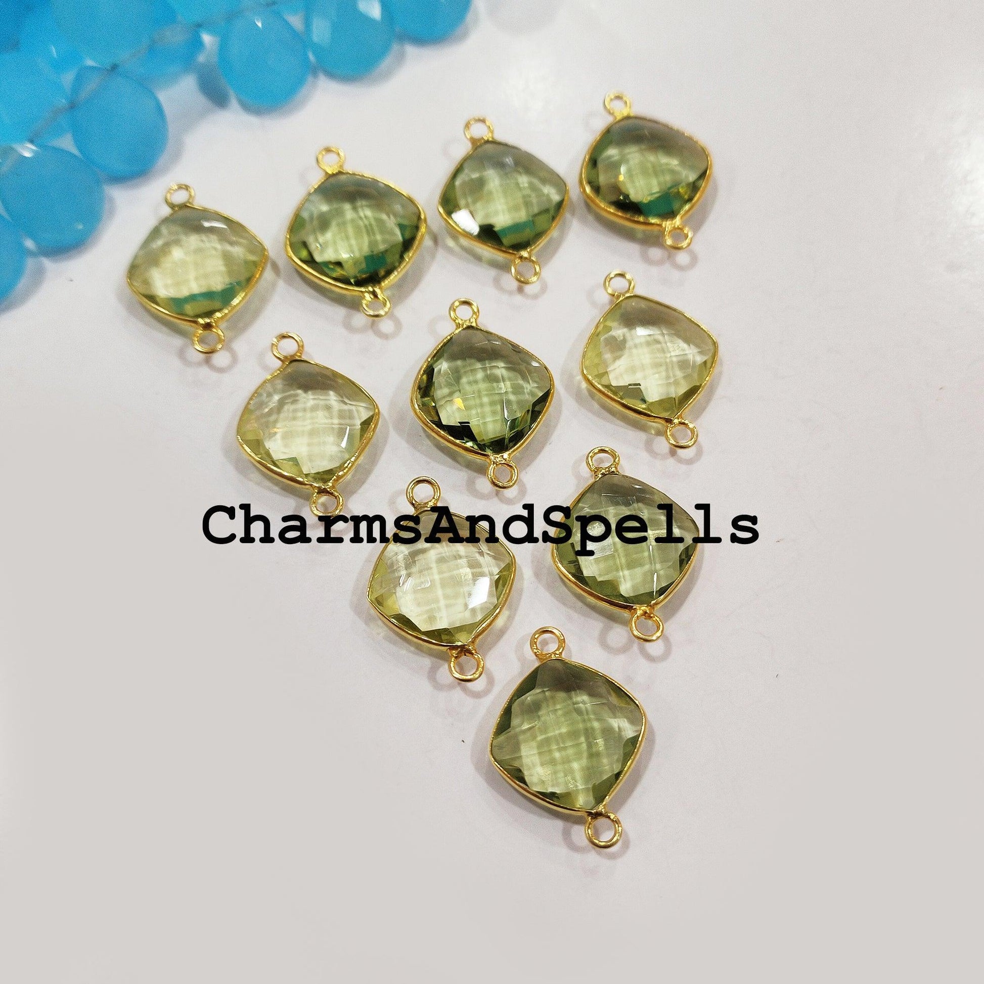 Green Amethyst Bracelet Charm, Gemstone Pendant, Bracelet Connector, Gold Plated Double Bail Connector 10x22mm - Charms And Spells