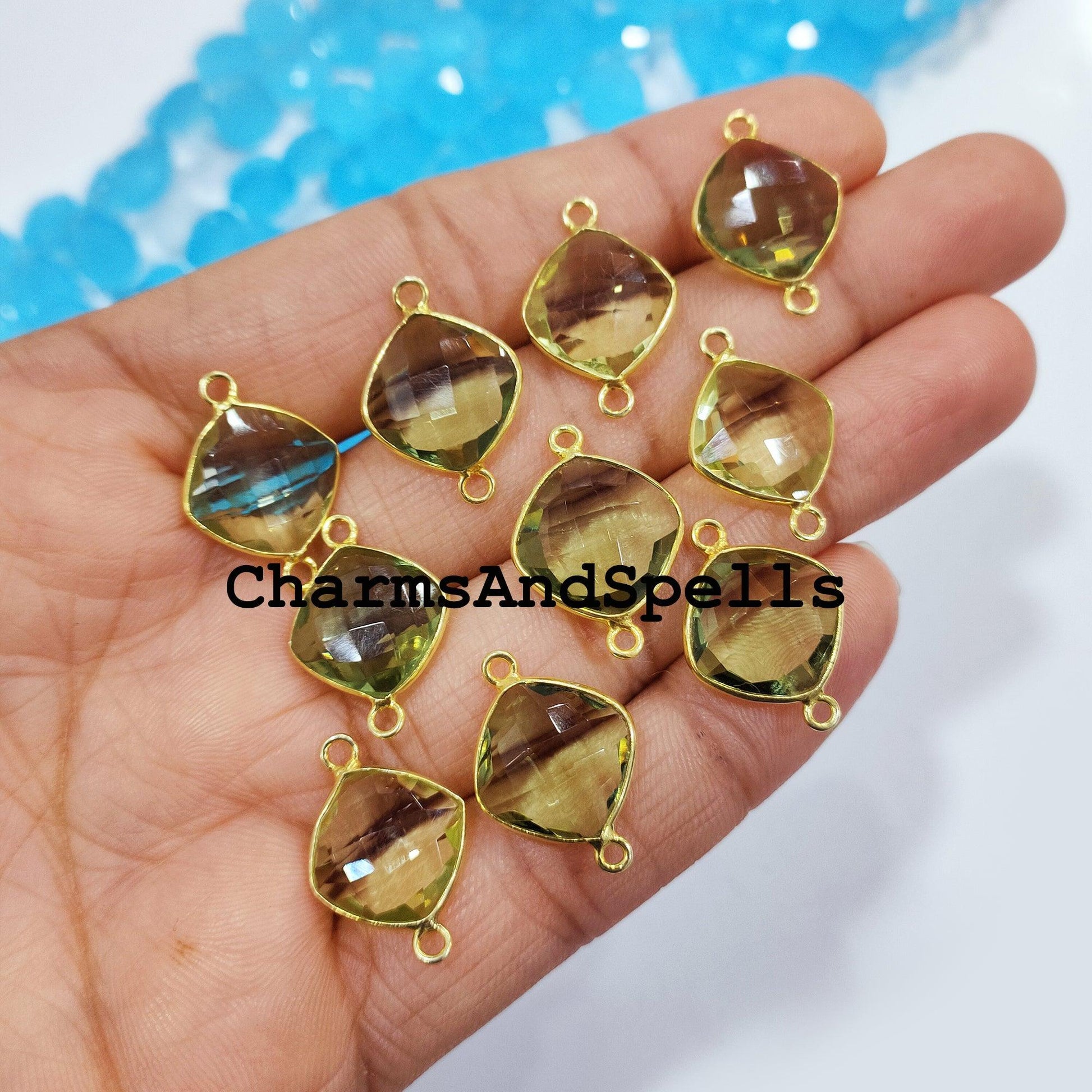Green Amethyst Bracelet Charm, Gemstone Pendant, Bracelet Connector, Gold Plated Double Bail Connector 10x22mm - Charms And Spells