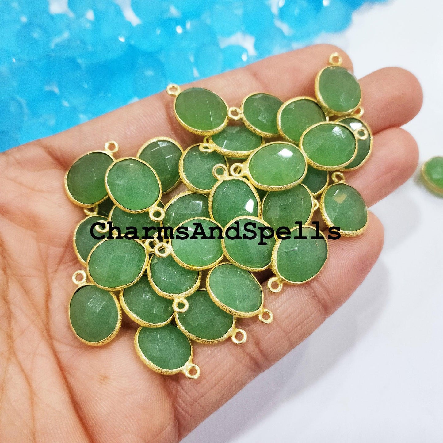 Green Chalcedony Pendant Connector, 12x17mm Charm Pendant, Single Bail Gold Plated Charm, DIY Pendant/Earring Connector - Charms And Spells