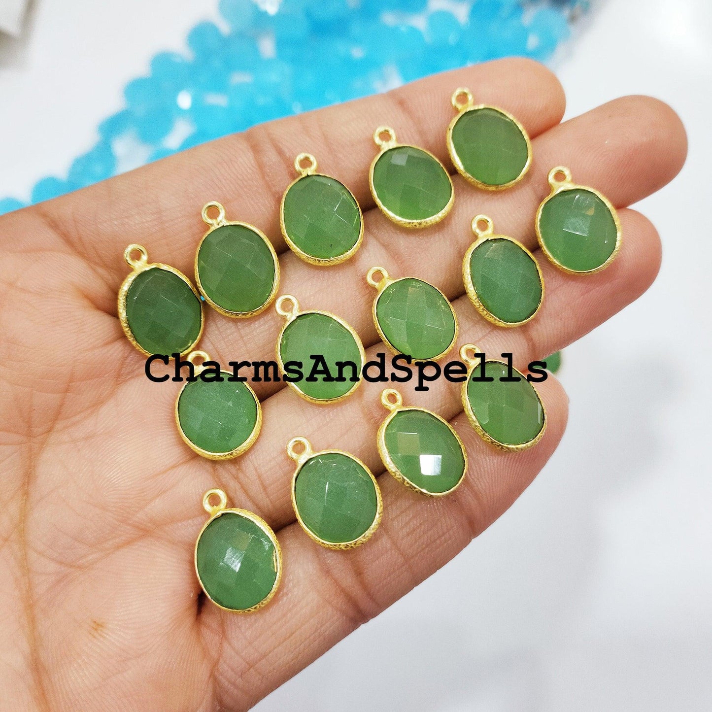 Green Chalcedony Pendant Connector, 12x17mm Charm Pendant, Single Bail Gold Plated Charm, DIY Pendant/Earring Connector - Charms And Spells