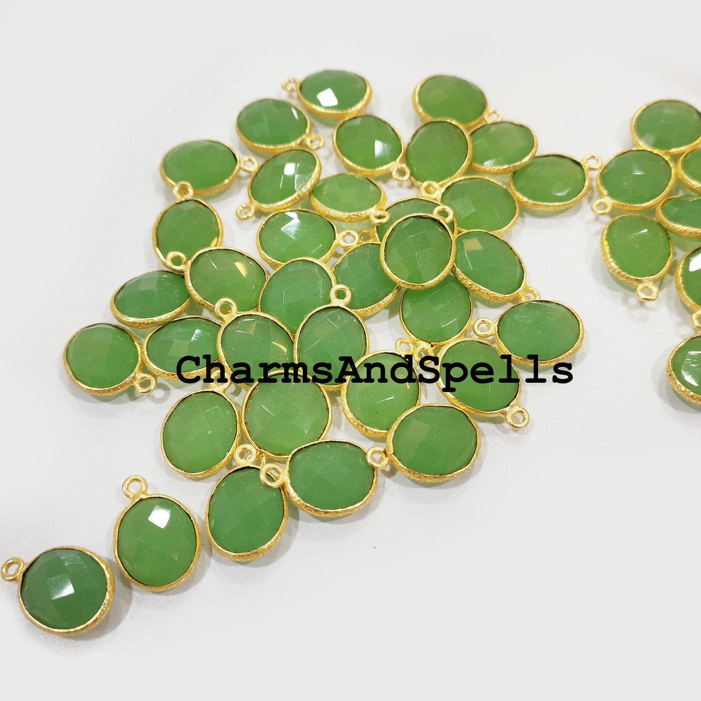 Green Chalcedony Pendant Connector, 12x17mm Charm Pendant, Single Bail Gold Plated Charm, DIY Pendant/Earring Connector - Charms And Spells