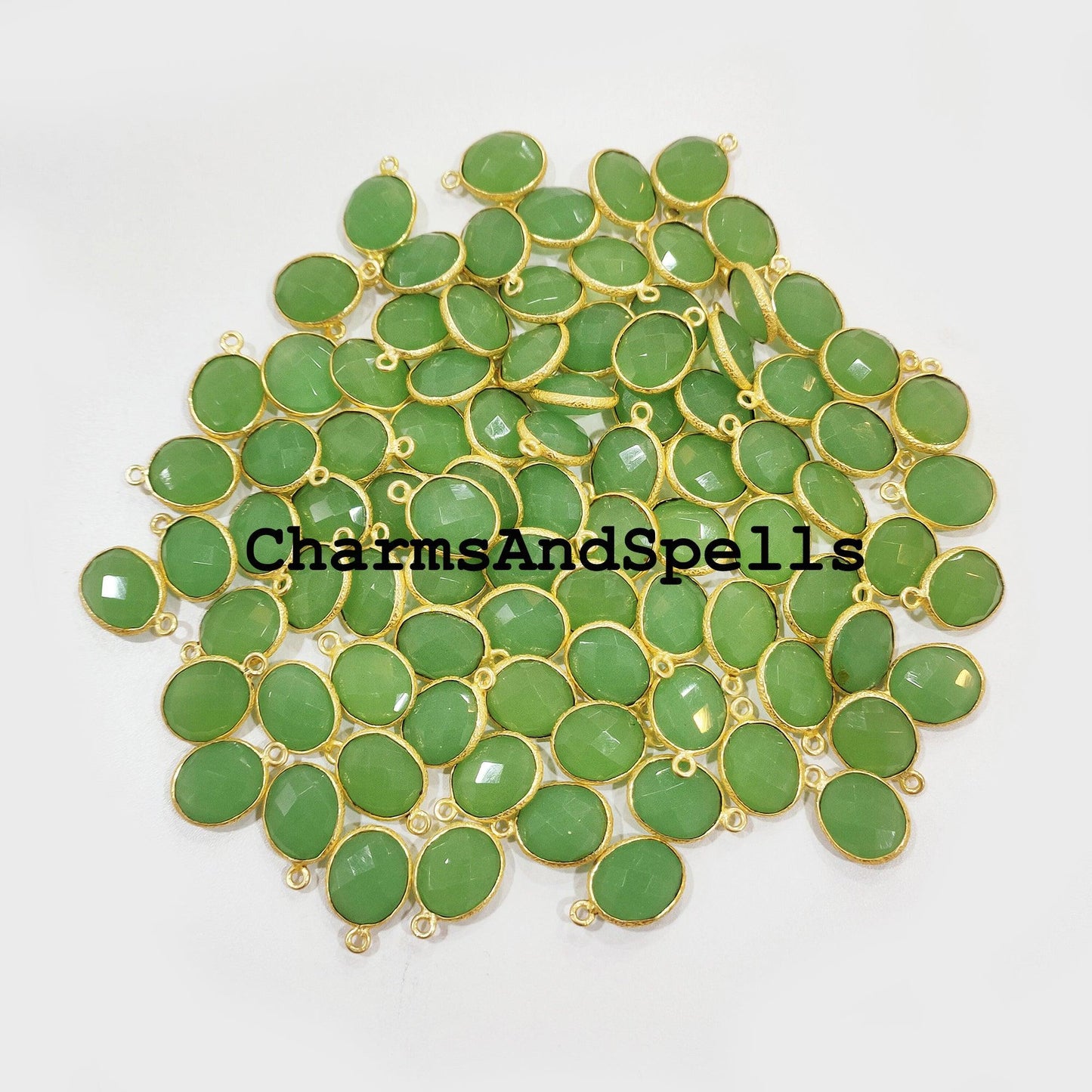 Green Chalcedony Pendant Connector, 12x17mm Charm Pendant, Single Bail Gold Plated Charm, DIY Pendant/Earring Connector - Charms And Spells