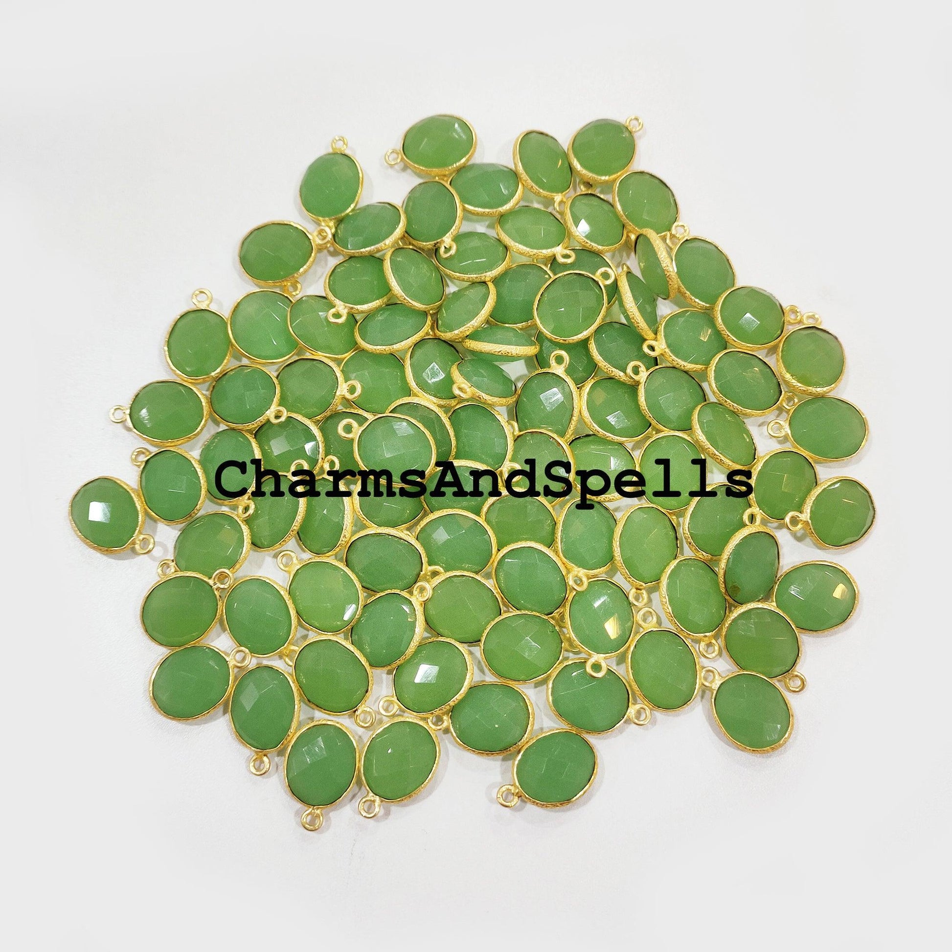 Green Chalcedony Pendant Connector, 12x17mm Charm Pendant, Single Bail Gold Plated Charm, DIY Pendant/Earring Connector - Charms And Spells