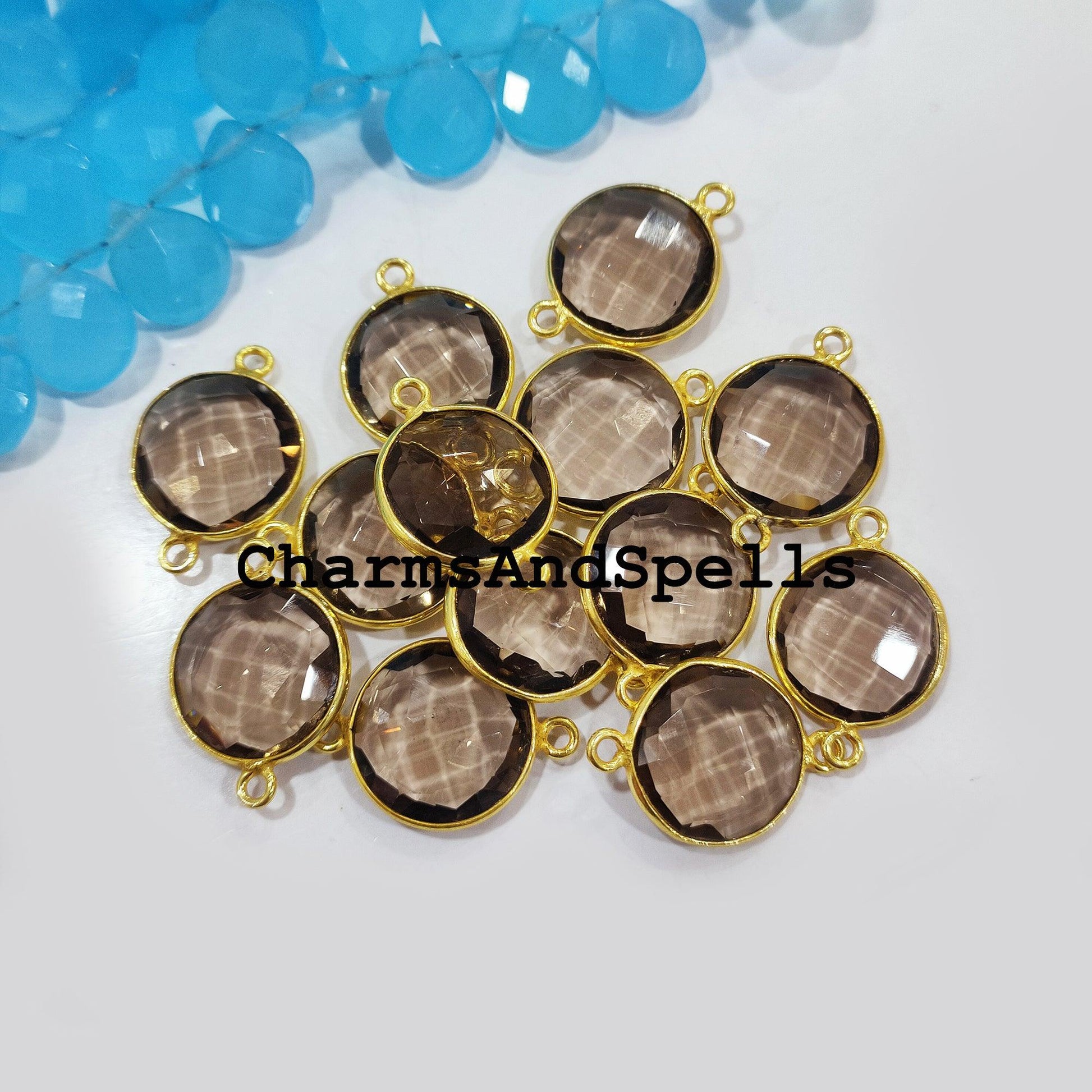Smoky Quartz Charms Connectors, Quartz Double Bail Connectors, 14K Gold Plated Connectors, Quartz Charm Connectors - Charms And Spells