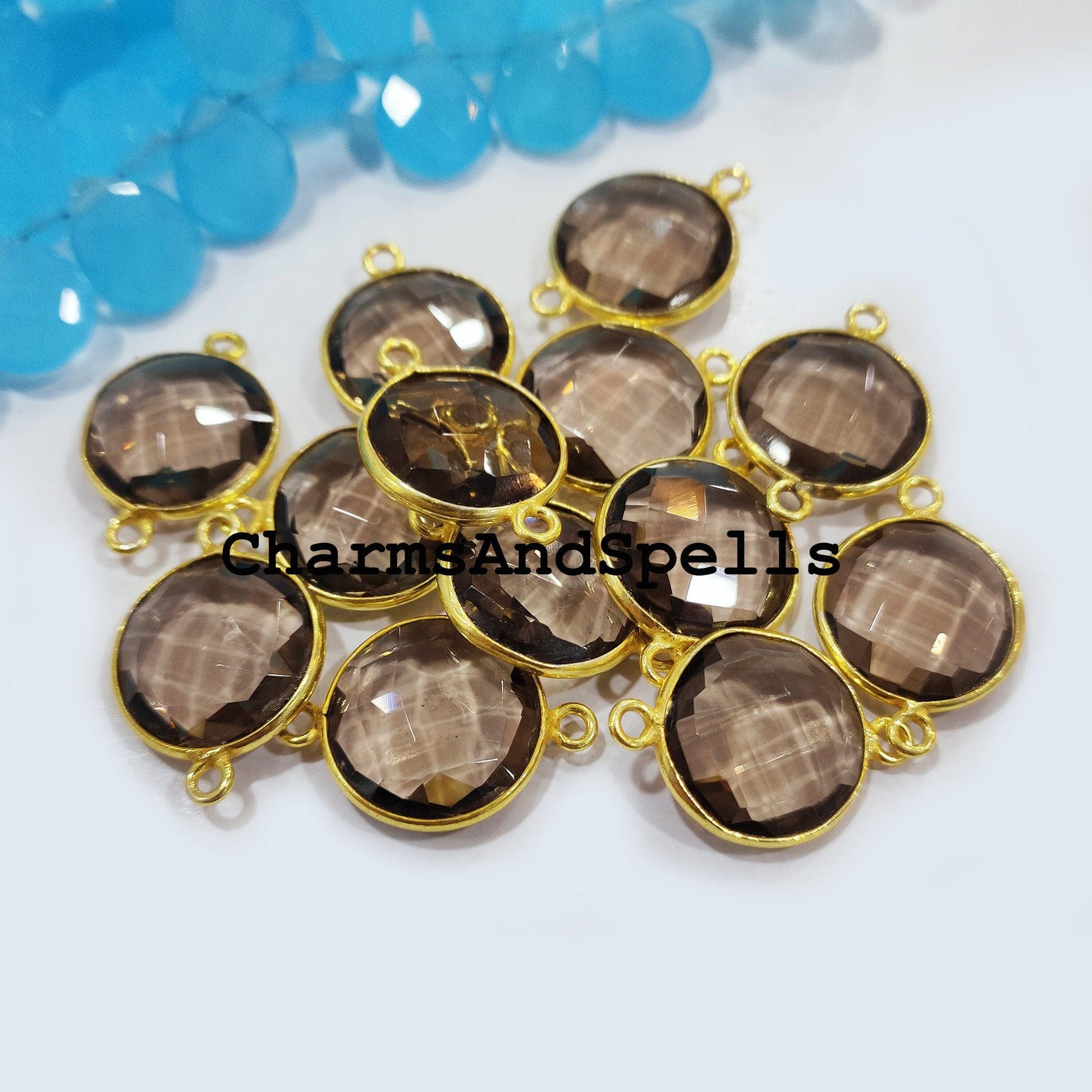 Smoky Quartz Charms Connectors, Quartz Double Bail Connectors, 14K Gold Plated Connectors, Quartz Charm Connectors - Charms And Spells