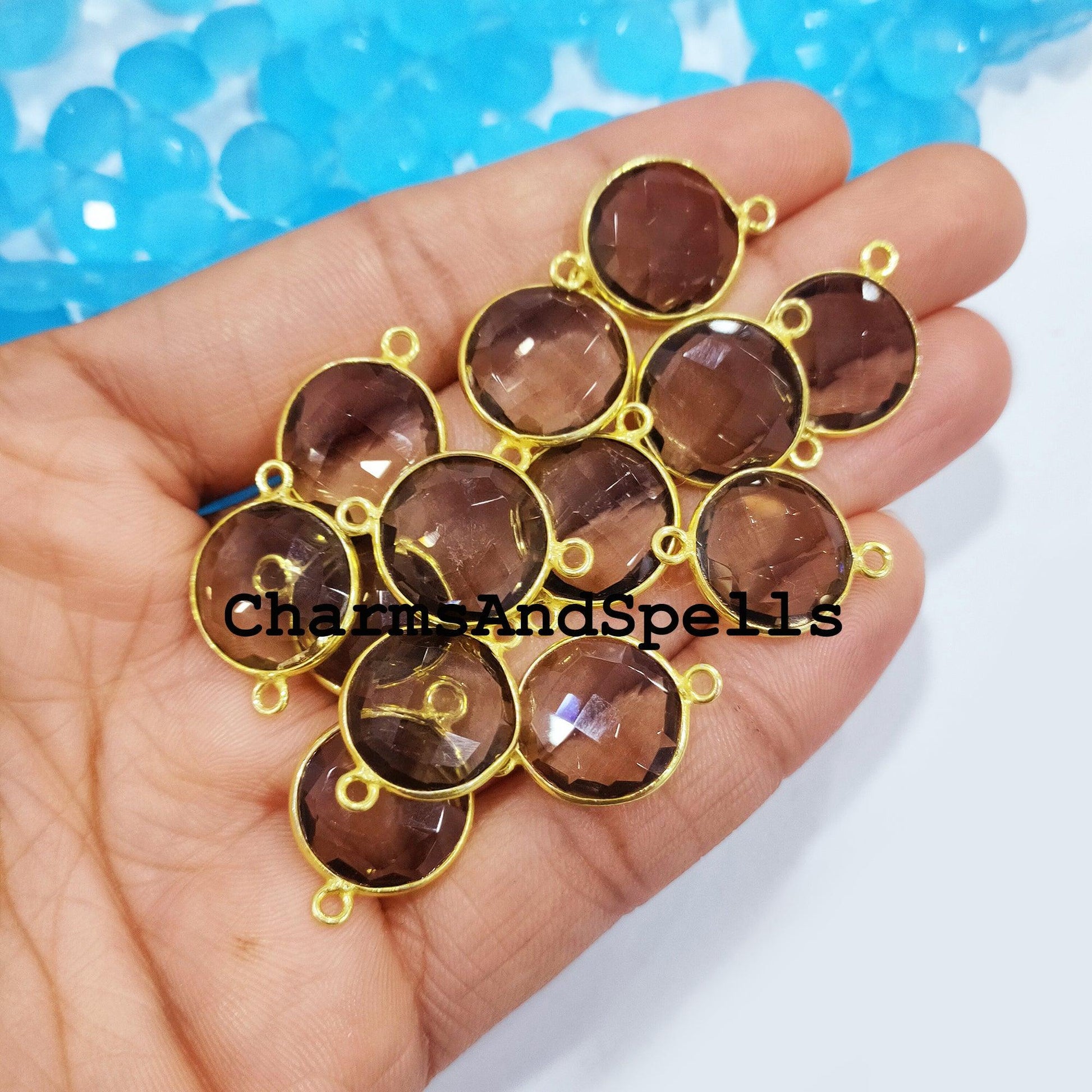 Smoky Quartz Charms Connectors, Quartz Double Bail Connectors, 14K Gold Plated Connectors, Quartz Charm Connectors - Charms And Spells