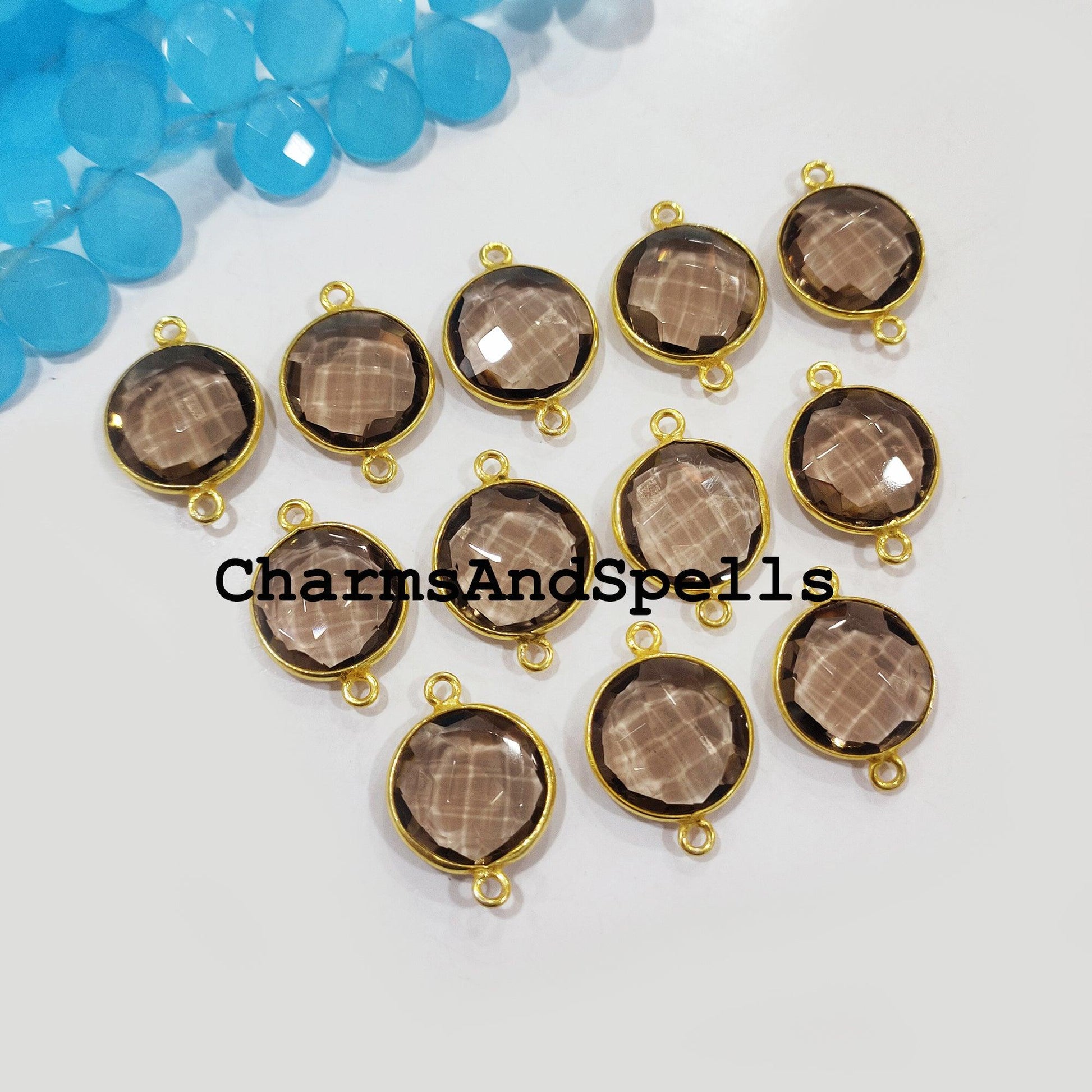 Smoky Quartz Charms Connectors, Quartz Double Bail Connectors, 14K Gold Plated Connectors, Quartz Charm Connectors - Charms And Spells