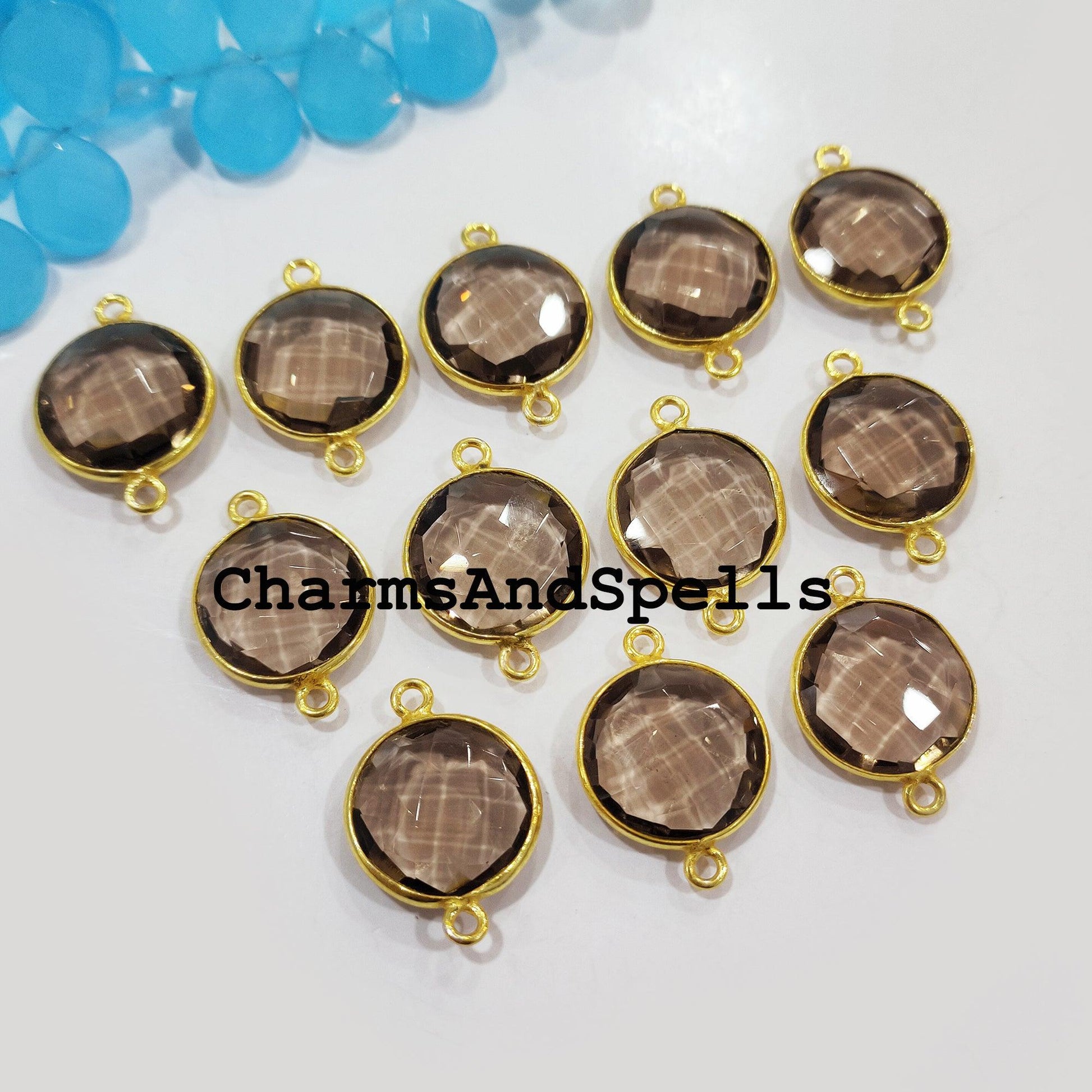 Smoky Quartz Charms Connectors, Quartz Double Bail Connectors, 14K Gold Plated Connectors, Quartz Charm Connectors - Charms And Spells