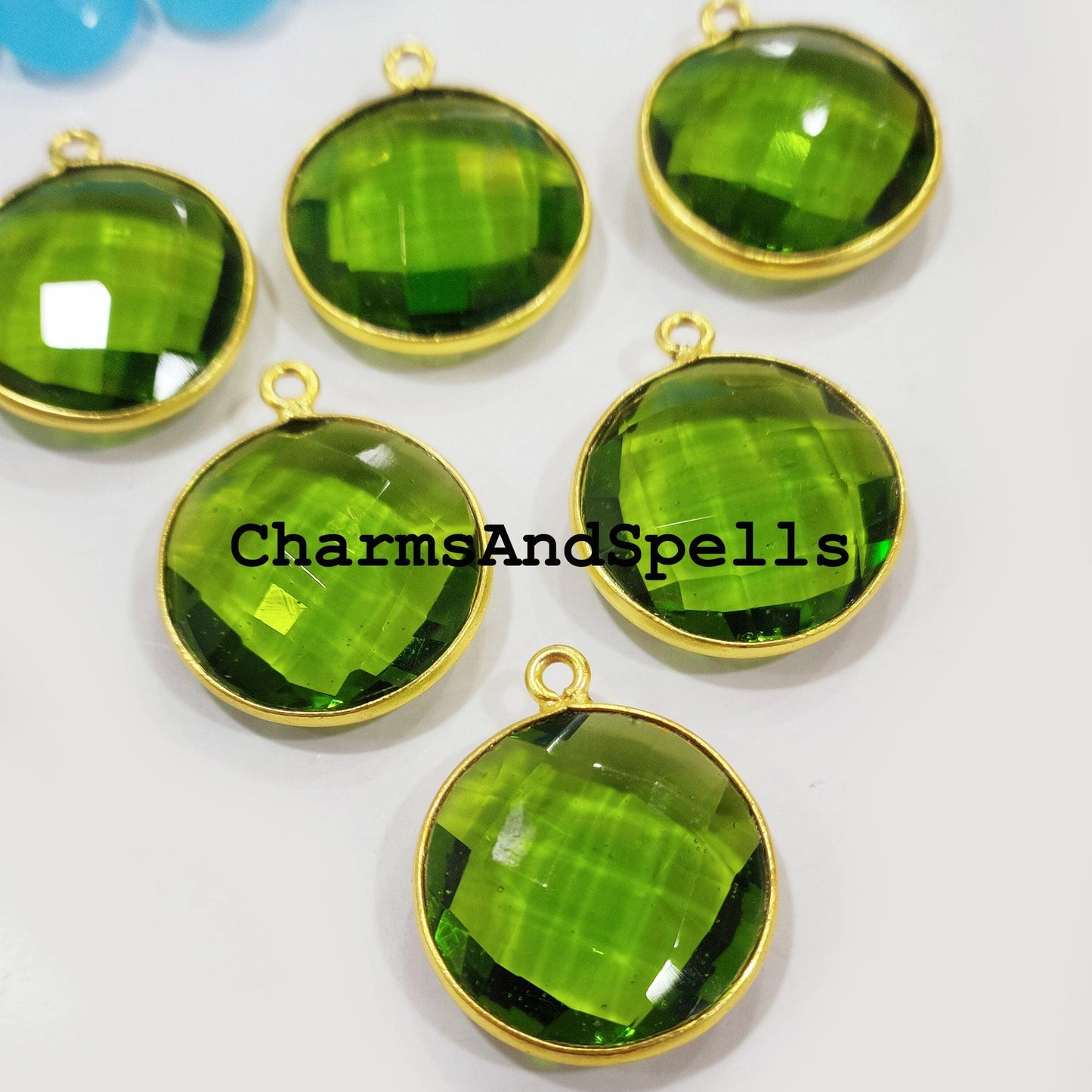 Peridot Pendent Connectors, 20x24mm Faceted Peridot Single Bail Necklace Connectors, 14K Gold Plated Connectors - Charms And Spells