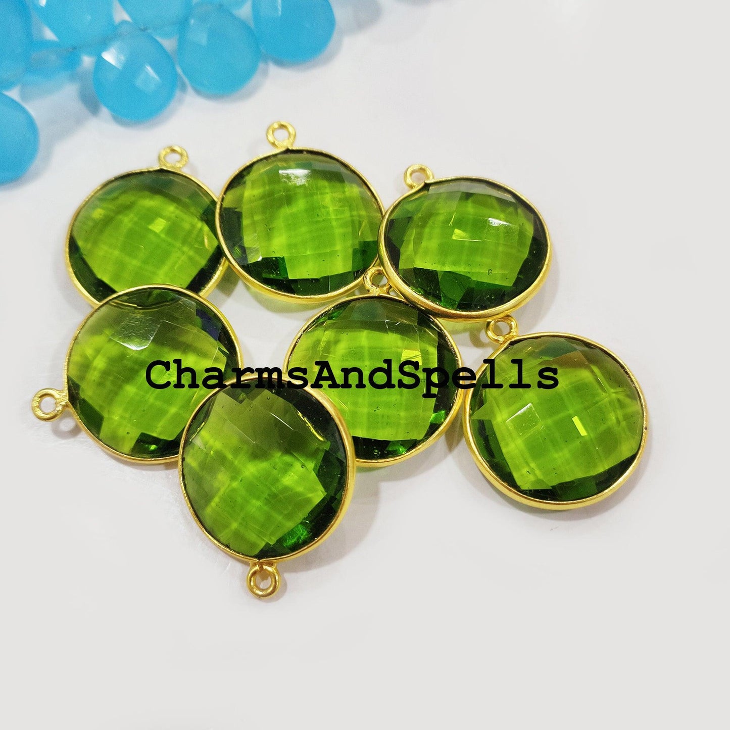 Peridot Pendent Connectors, 20x24mm Faceted Peridot Single Bail Necklace Connectors, 14K Gold Plated Connectors - Charms And Spells