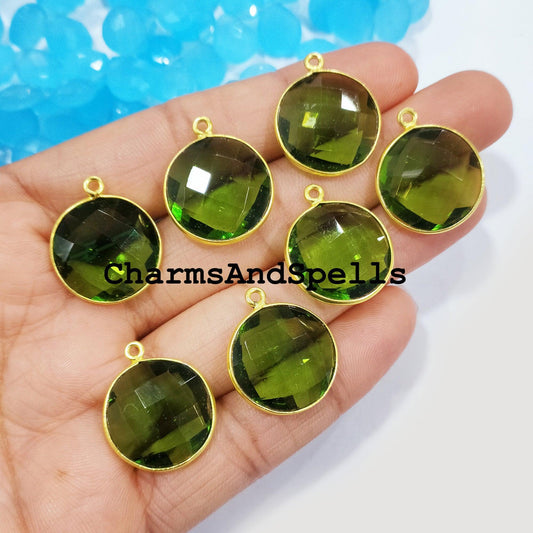 Peridot Pendent Connectors, 20x24mm Faceted Peridot Single Bail Necklace Connectors, 14K Gold Plated Connectors - Charms And Spells