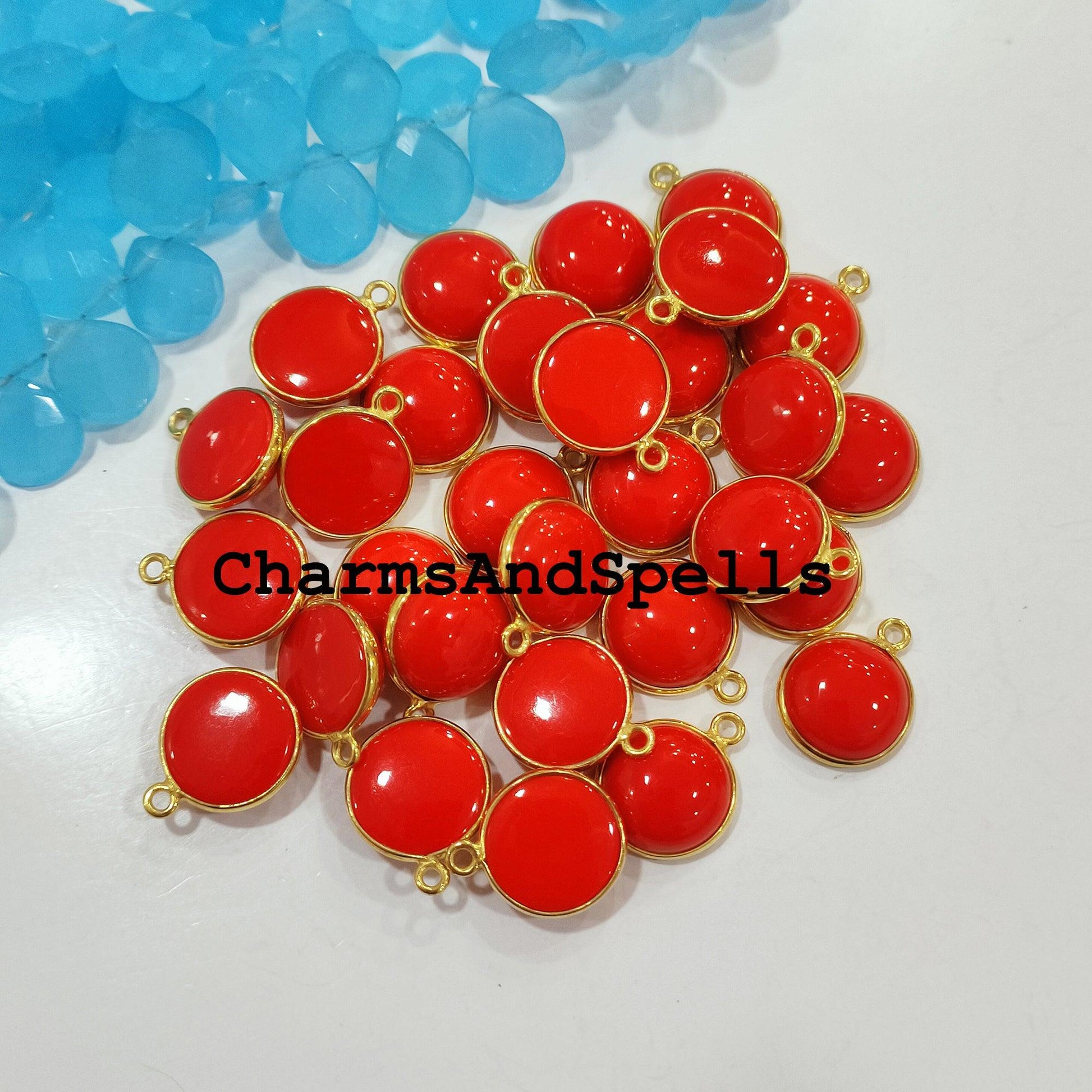 15x17mm Coral Bezel Connectors, Findings, Red Coral 14K Gold Plated Single Bail Connectors, Red Gemstone - Charms And Spells