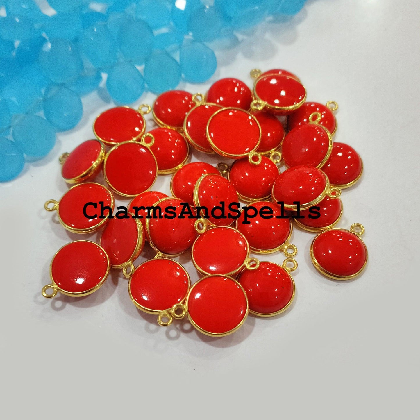 15x17mm Coral Bezel Connectors, Findings, Red Coral 14K Gold Plated Single Bail Connectors, Red Gemstone - Charms And Spells