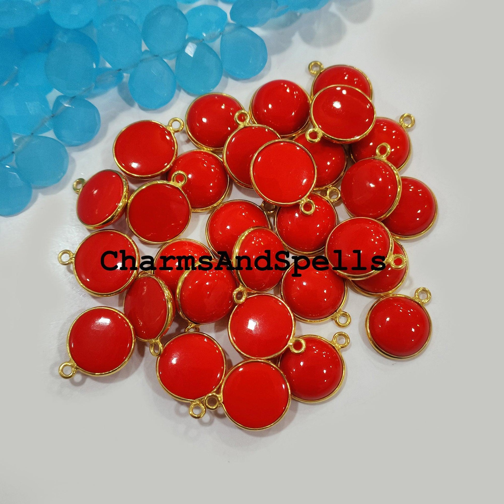 15x17mm Coral Bezel Connectors, Findings, Red Coral 14K Gold Plated Single Bail Connectors, Red Gemstone - Charms And Spells