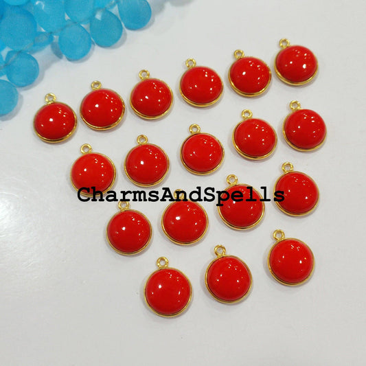 15x17mm Coral Bezel Connectors, Findings, Red Coral 14K Gold Plated Single Bail Connectors, Red Gemstone - Charms And Spells