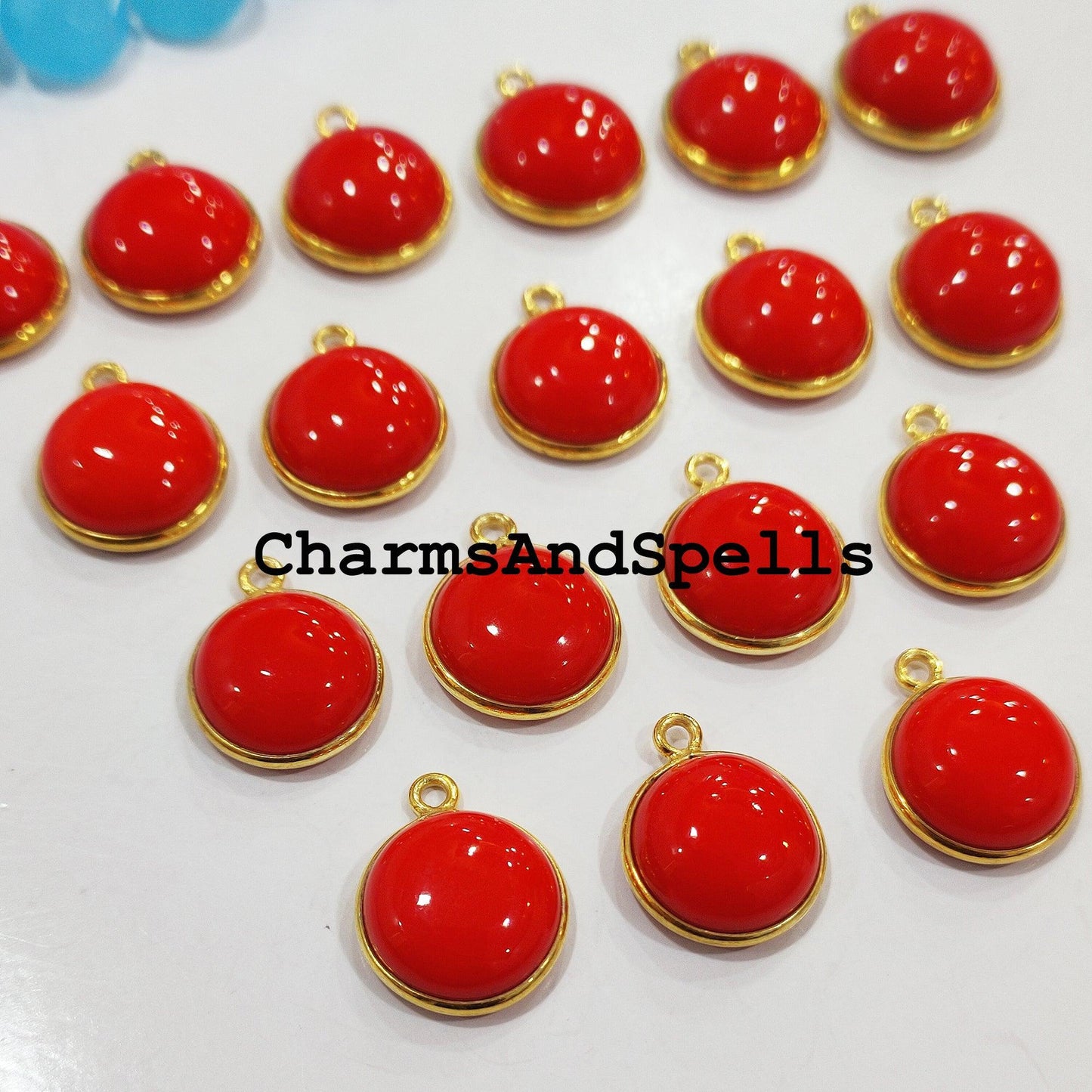 15x17mm Coral Bezel Connectors, Findings, Red Coral 14K Gold Plated Single Bail Connectors, Red Gemstone - Charms And Spells