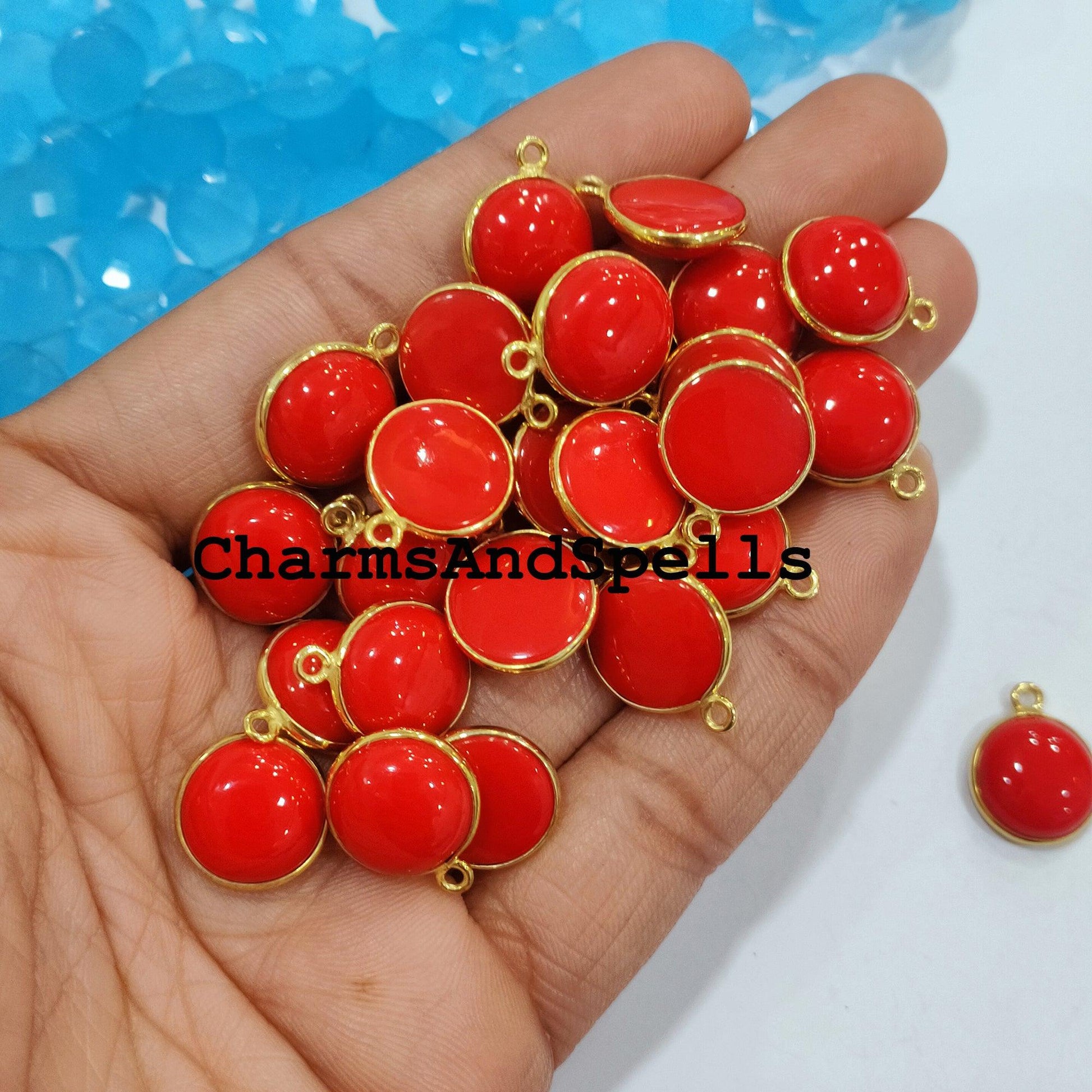 15x17mm Coral Bezel Connectors, Findings, Red Coral 14K Gold Plated Single Bail Connectors, Red Gemstone - Charms And Spells